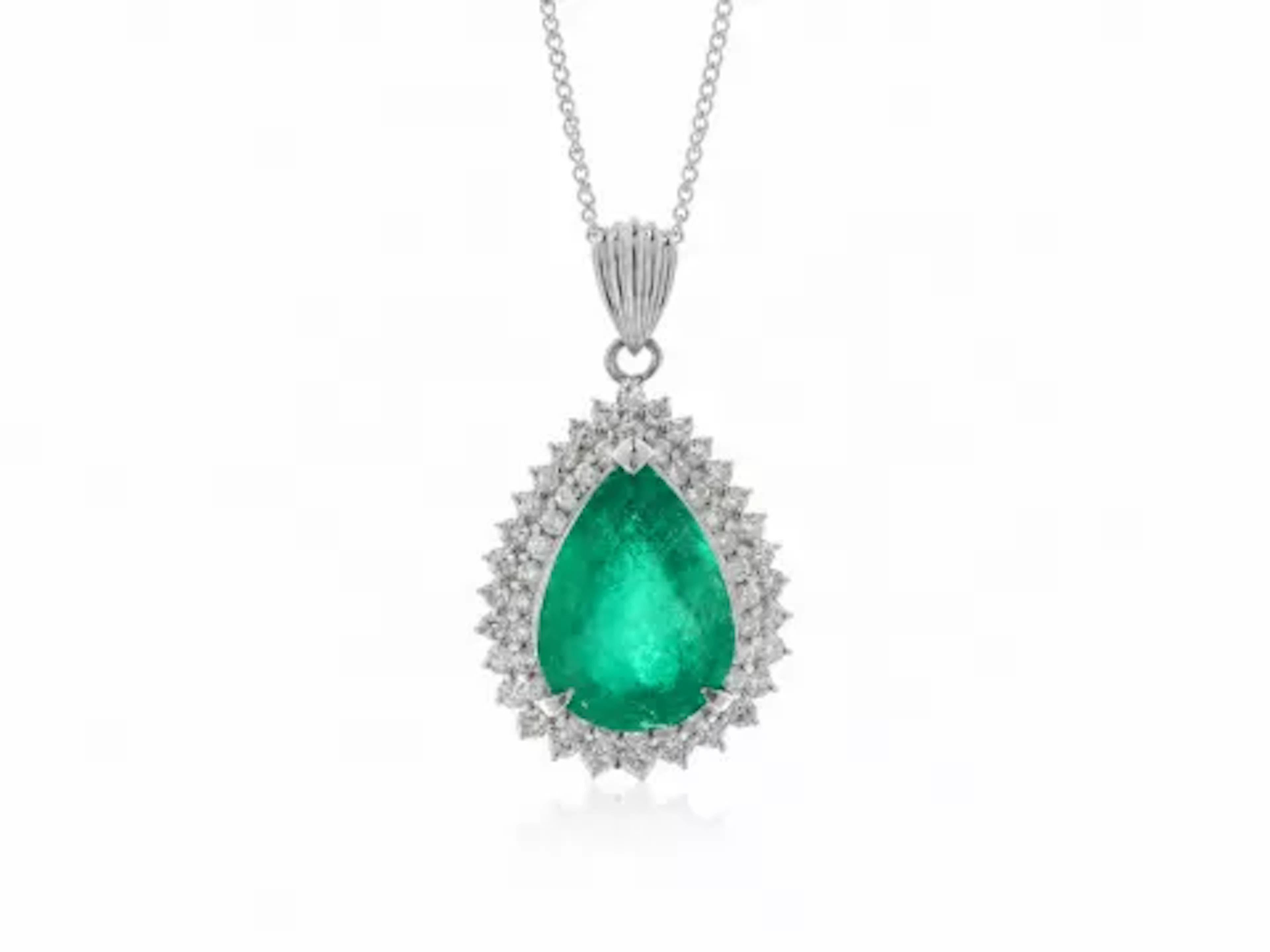 Platinum Pear Cluster Diamond And Emerald Pendant (E6.16) 0.86 Carats