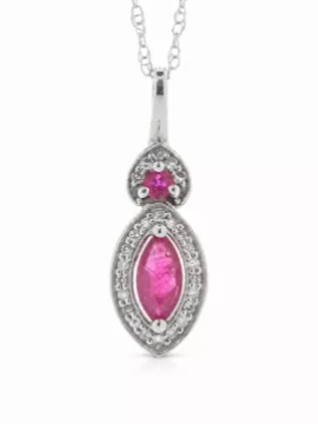 14ct White Gold Marquise Cluster Diamond And Ruby Pendant And chain 0.08 Carats