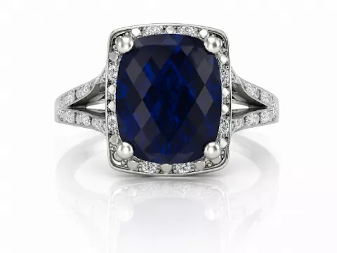 9ct White Gold Cushion Cluster Diamond And Created Ceylon Sapphire Ring