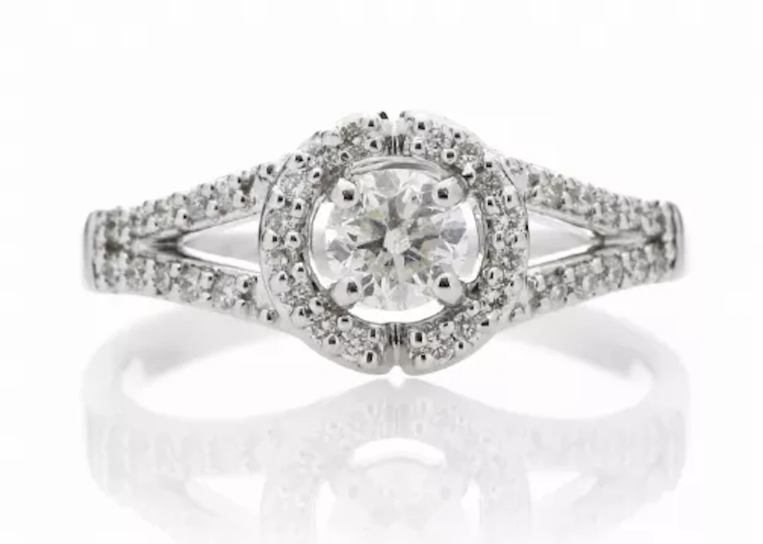 18ct White Gold Single Stone With Halo Setting Ring (0.34) 0.54 Carats