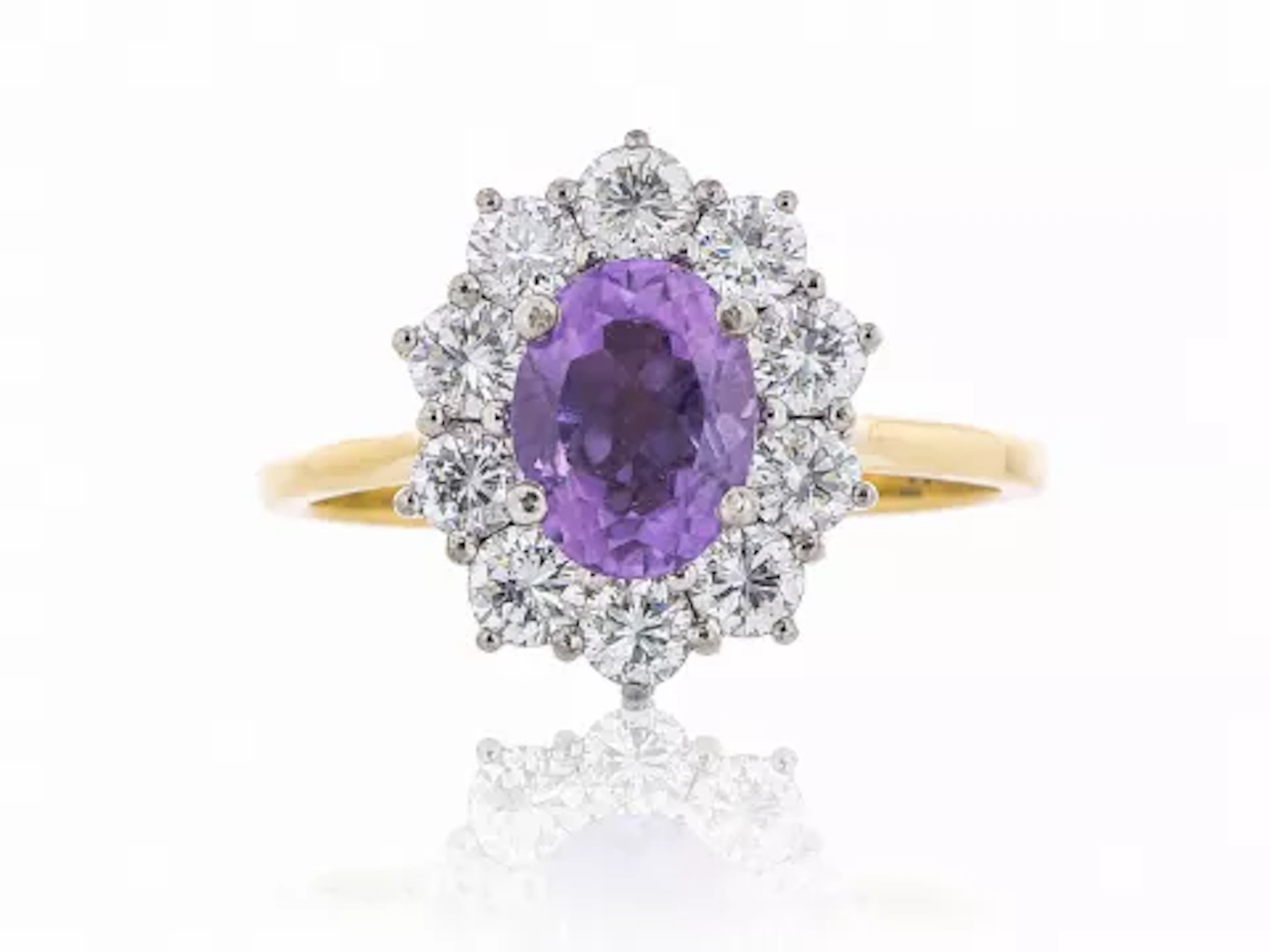 18ct Yellow Gold Oval Cluster Claw Set Diamond And Amethyst Ring (A1.28)