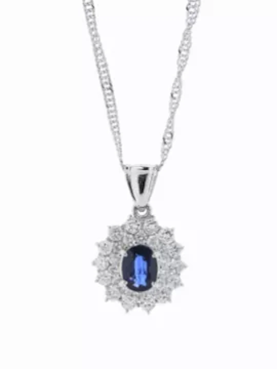Platinum Oval Cluster Claw Set Diamond And Sapphire Pendant And Chain