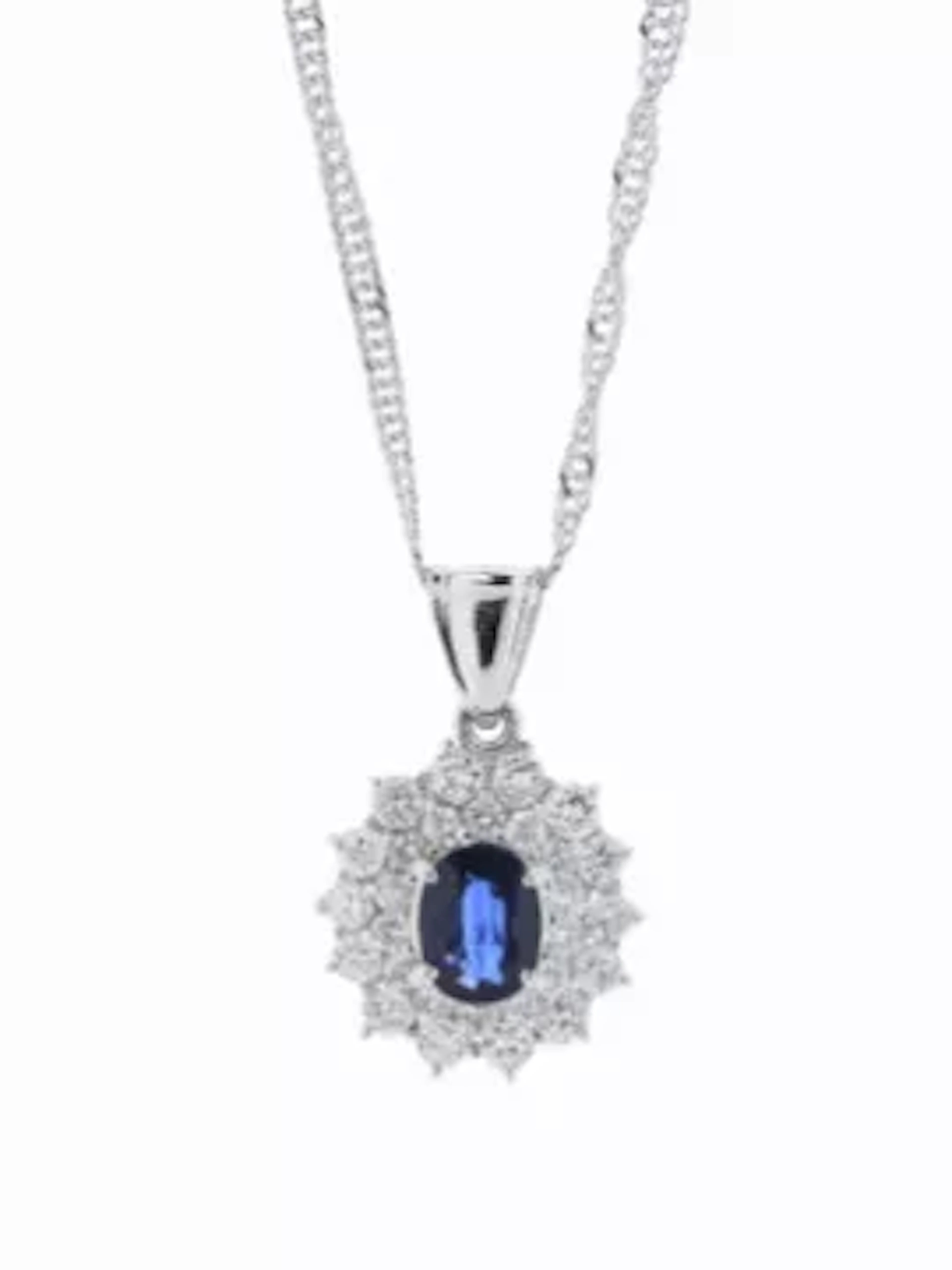 Platinum Oval Cluster Claw Set Diamond And Sapphire Pendant And Chain