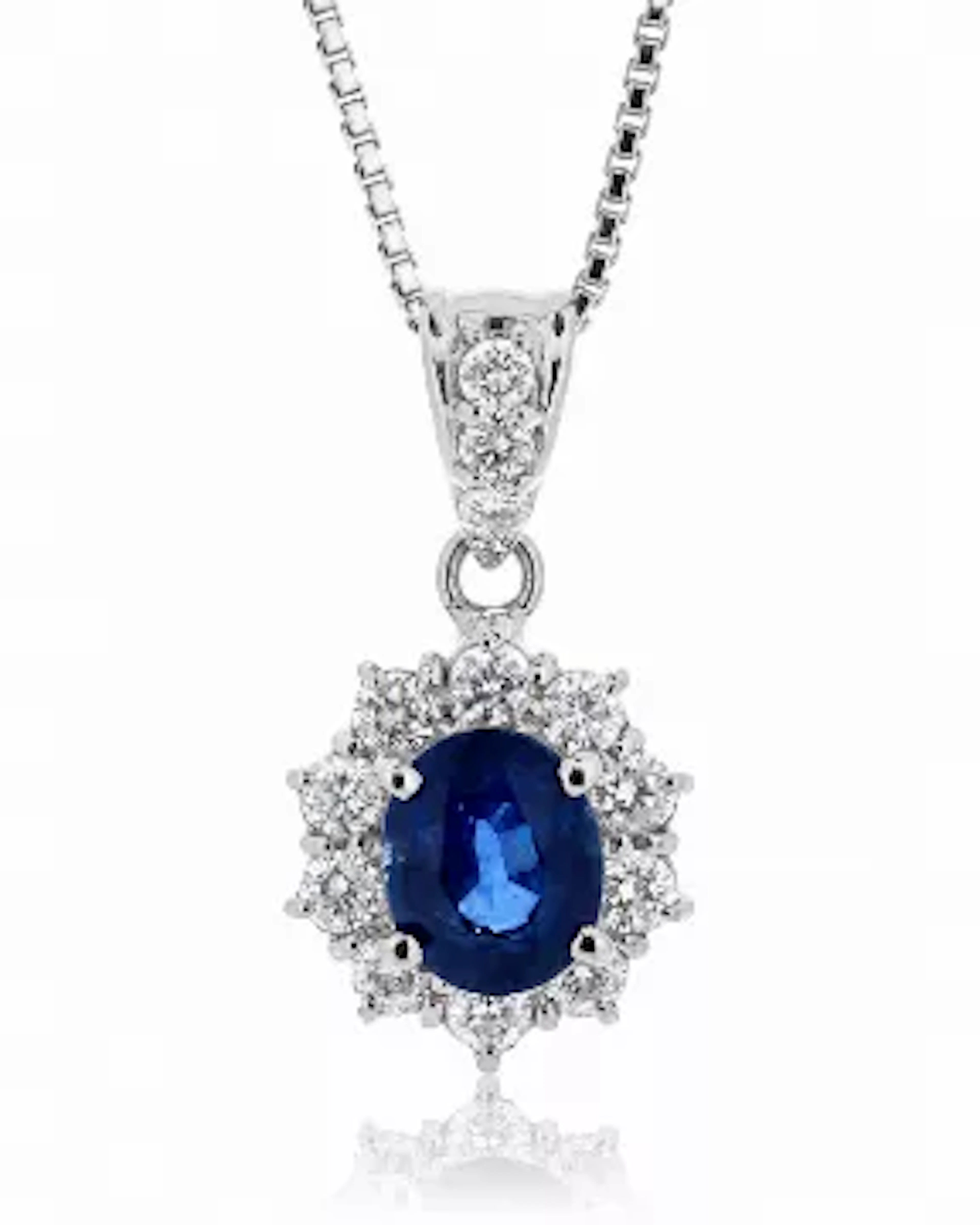 Platinum Oval Cluster Claw Set Diamond And Sapphire Pendant And Chain