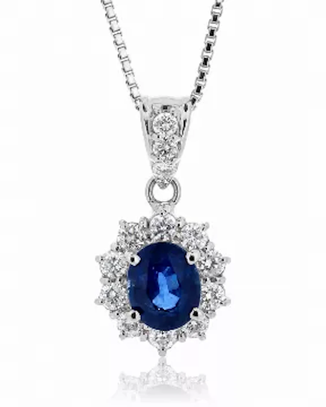 Platinum Oval Cluster Claw Set Diamond And Sapphire Pendant And Chain