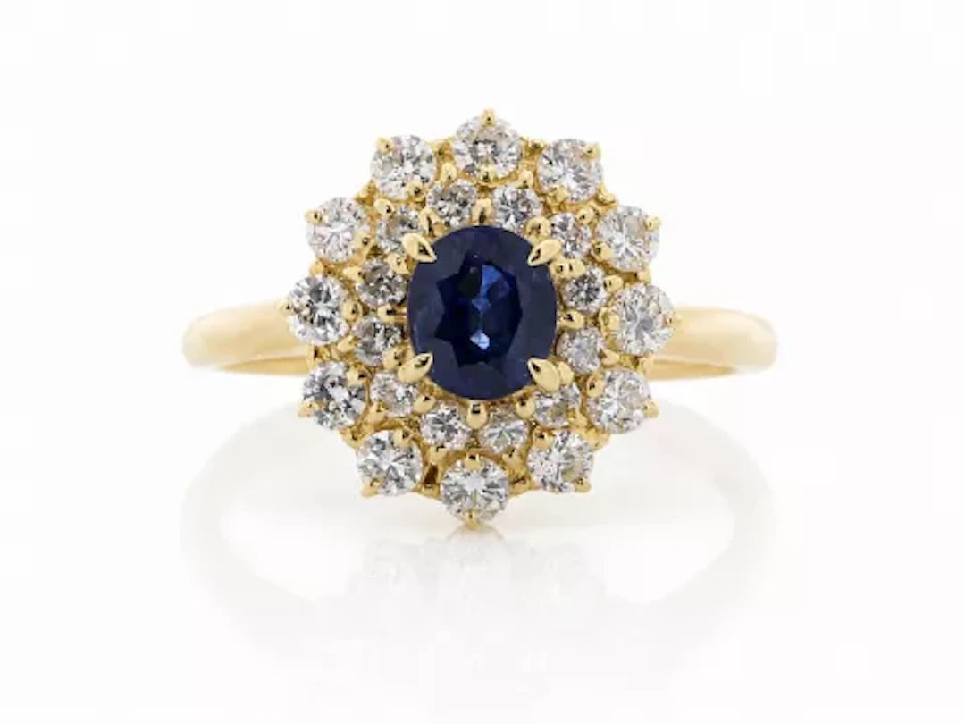 18ct Yellow Gold Oval Cluster Claw Set Diamond And Sapphire Ring (S0.81)