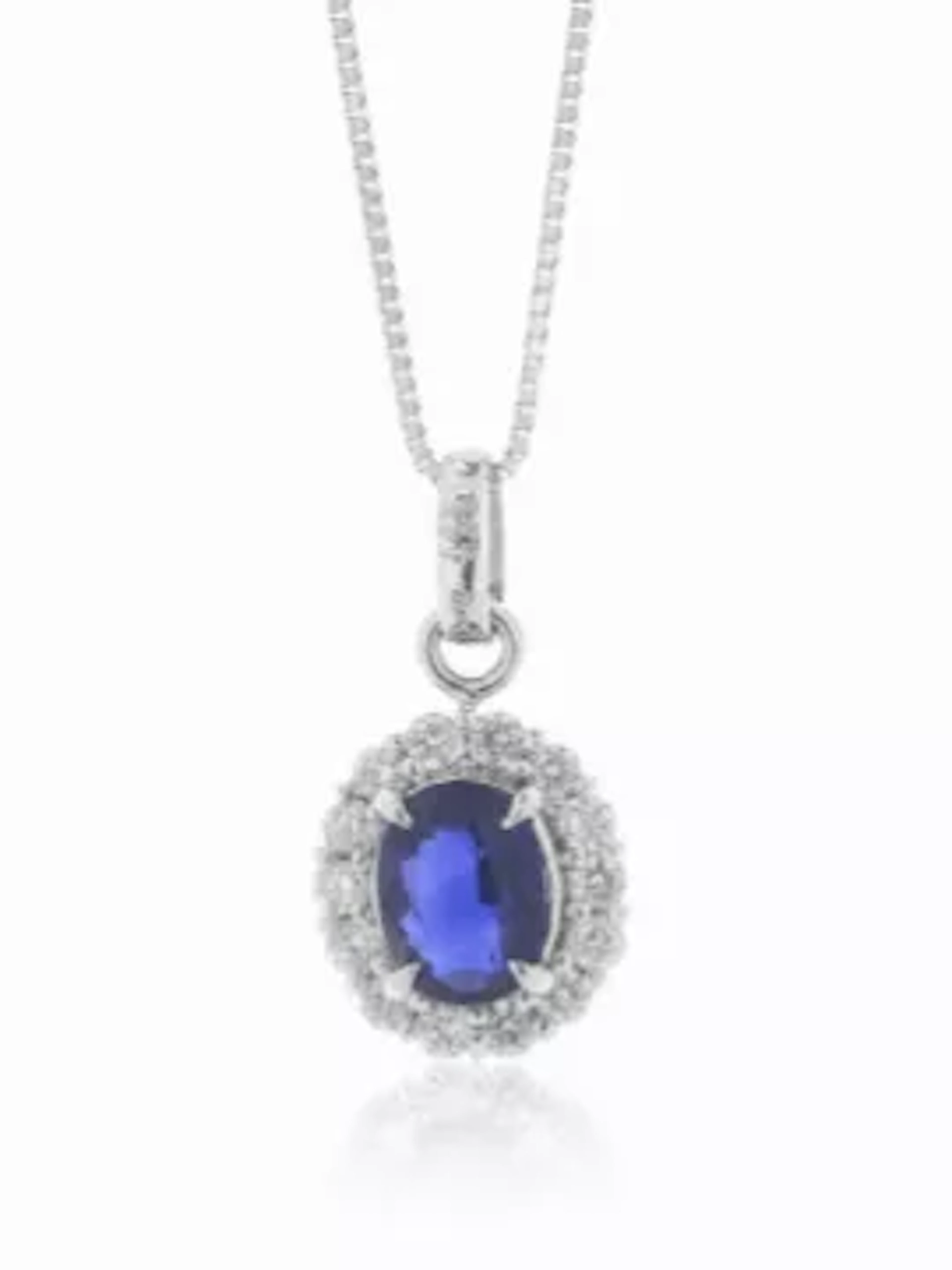 Platinum Oval Cluster Claw Set Diamond And Sapphire Pendant And Chain