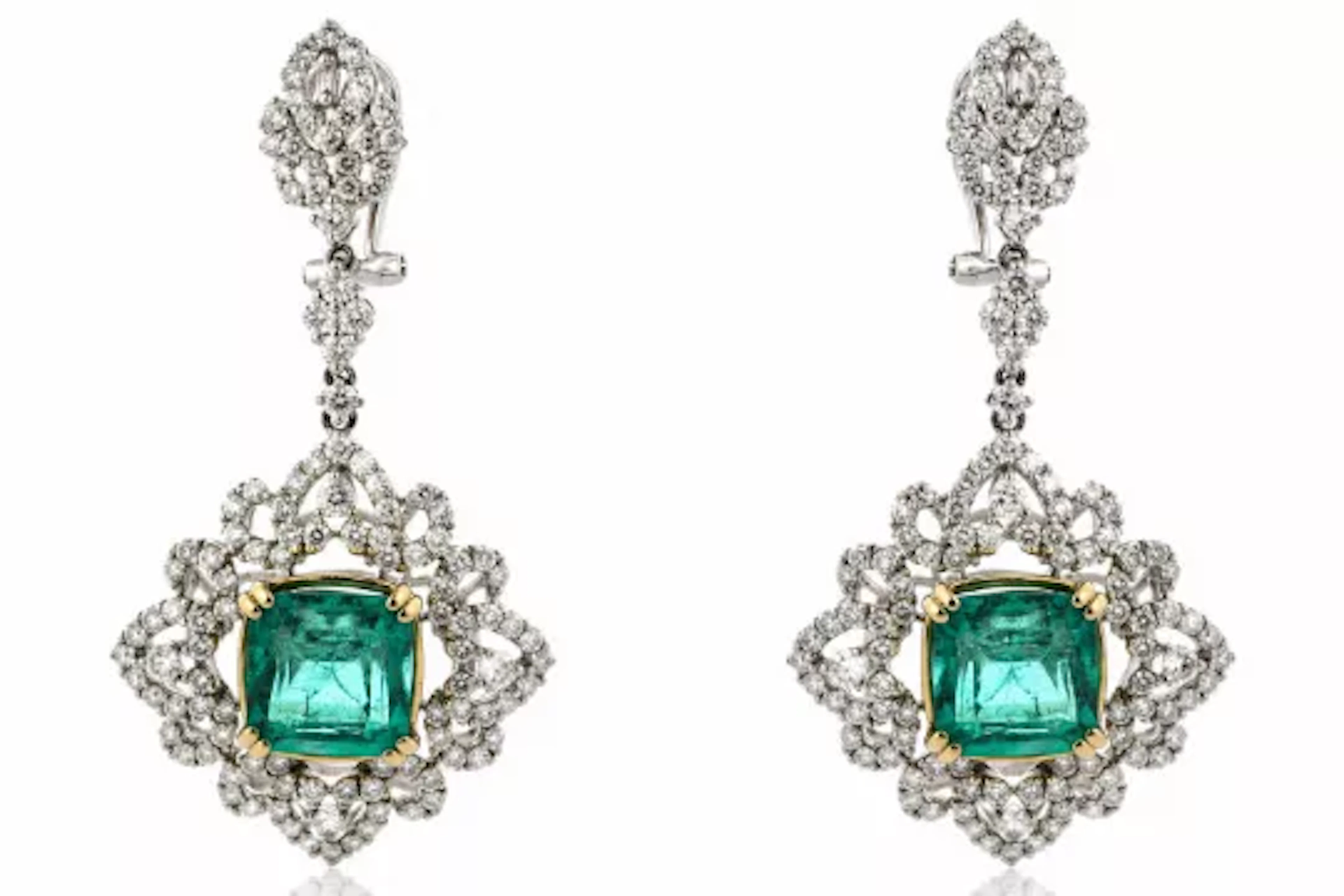 18ct White Gold Emerald Cluster Diamond And Emerald Earrings (E7.52)