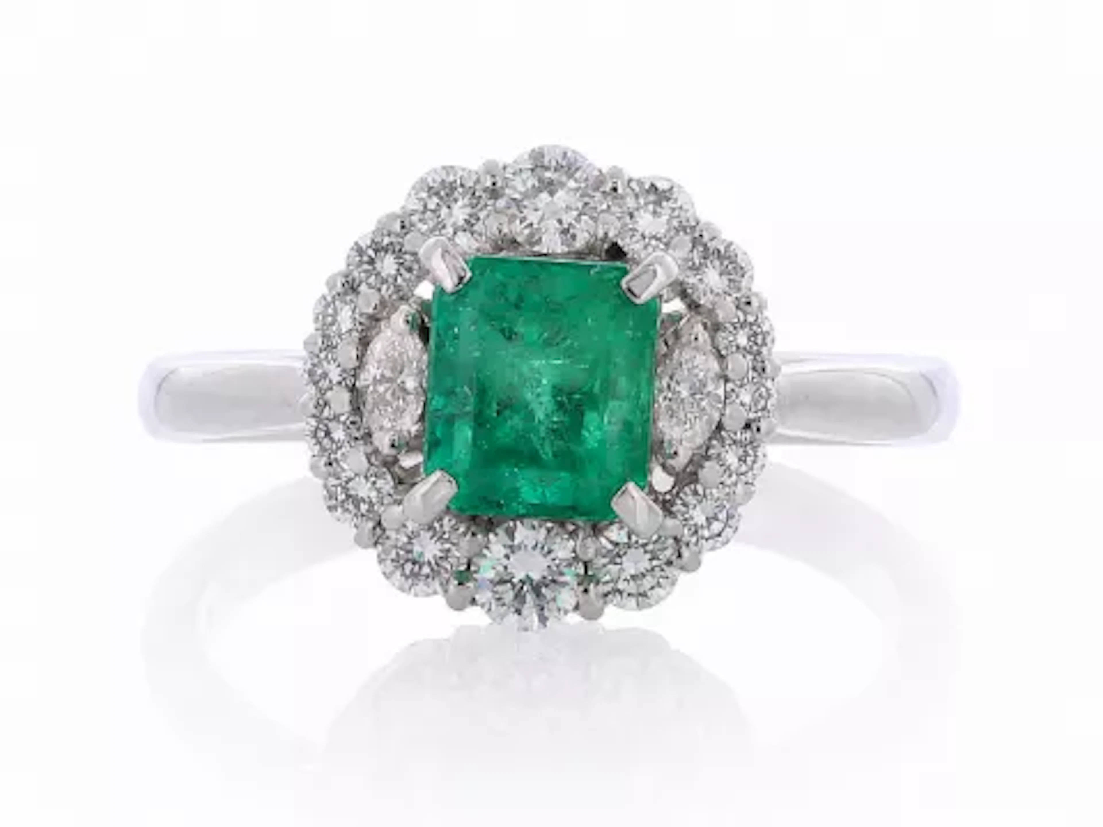 Platinum Fancy Cluster Diamond And Emerald Ring (E1.36) 0.68 Carats
