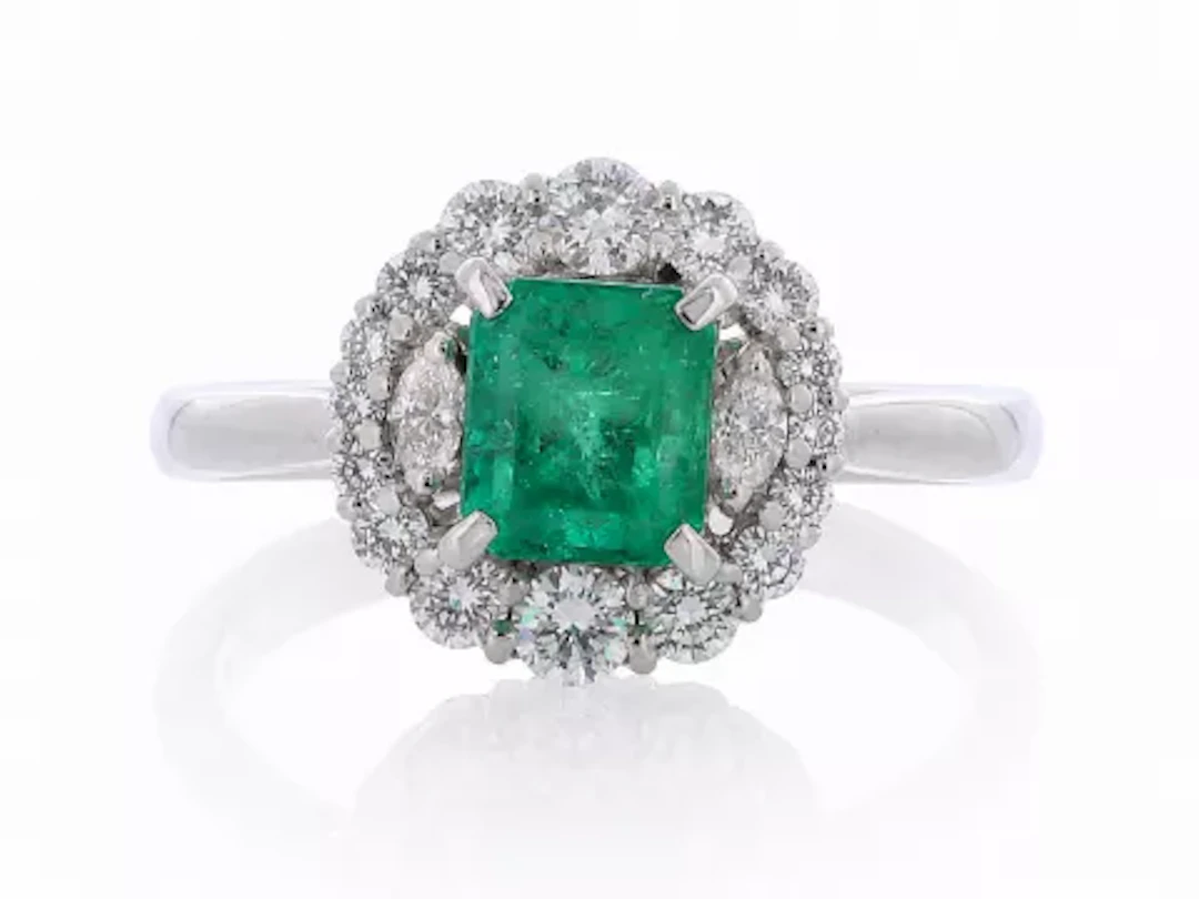 Platinum Fancy Cluster Diamond And Emerald Ring (E1.36) 0.68 Carats