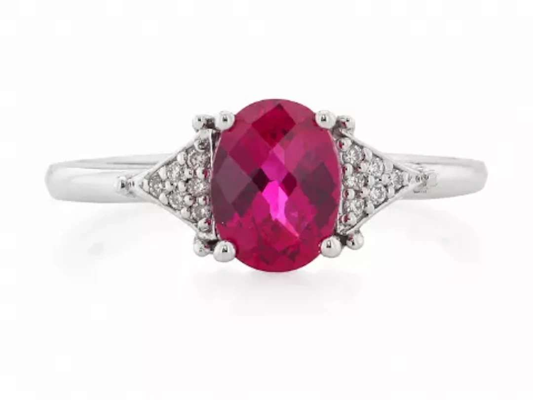 9ct White Gold Fancy Cluster Diamond And Created Ruby Ring