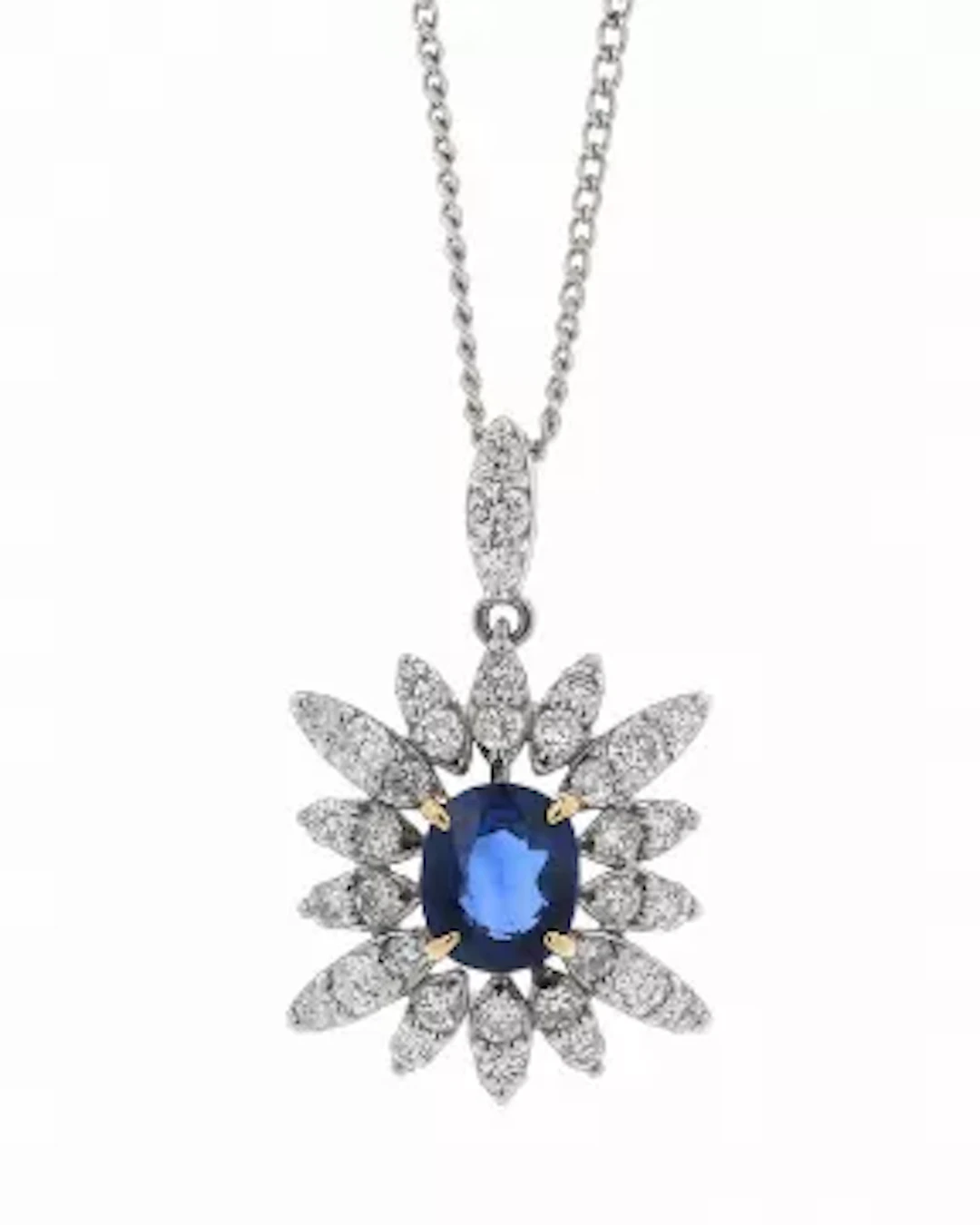 Platinum Oval Cluster Claw Set Diamond And Sapphire Pendant And Chain