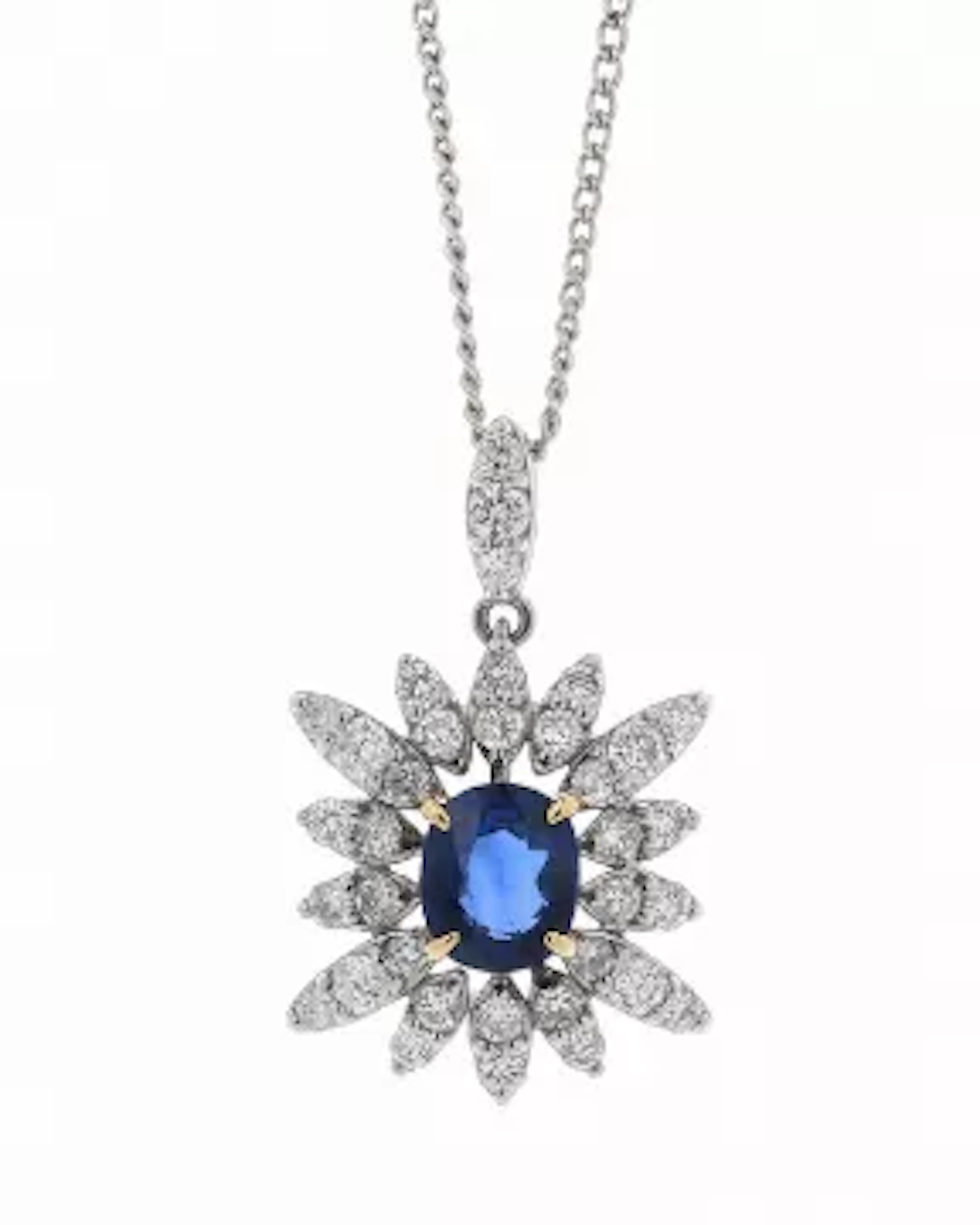 Platinum Oval Cluster Claw Set Diamond And Sapphire Pendant And Chain