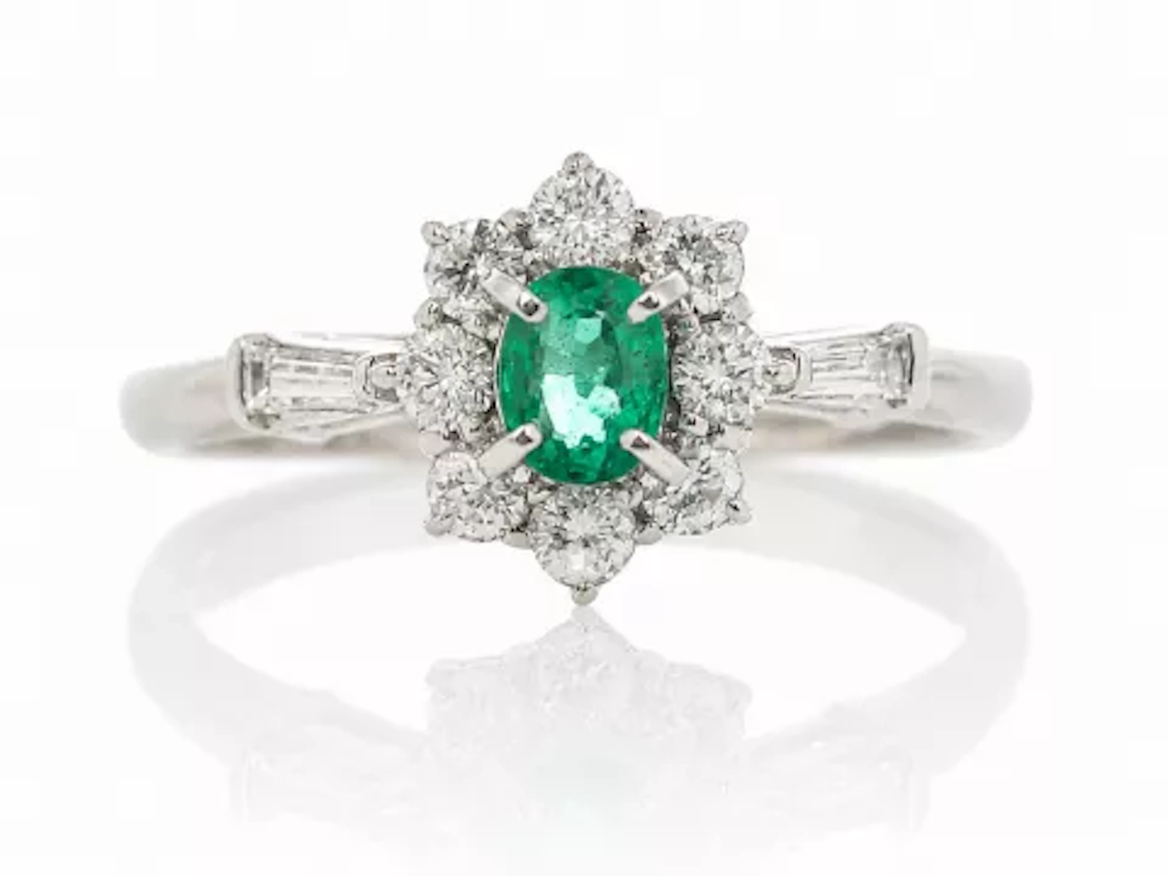 Platinum Oval Cluster Claw Set Diamond And Emerald Ring (E0.28) 0.38 Carats