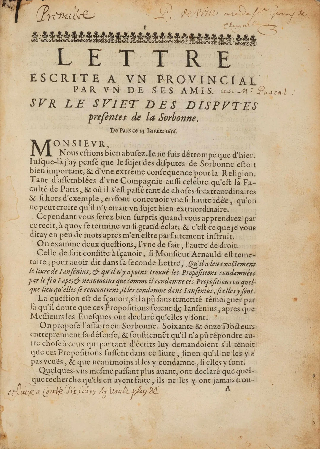 PASCAL (Blaise). A Letter Written to a Provincial by One of - Lot 134
