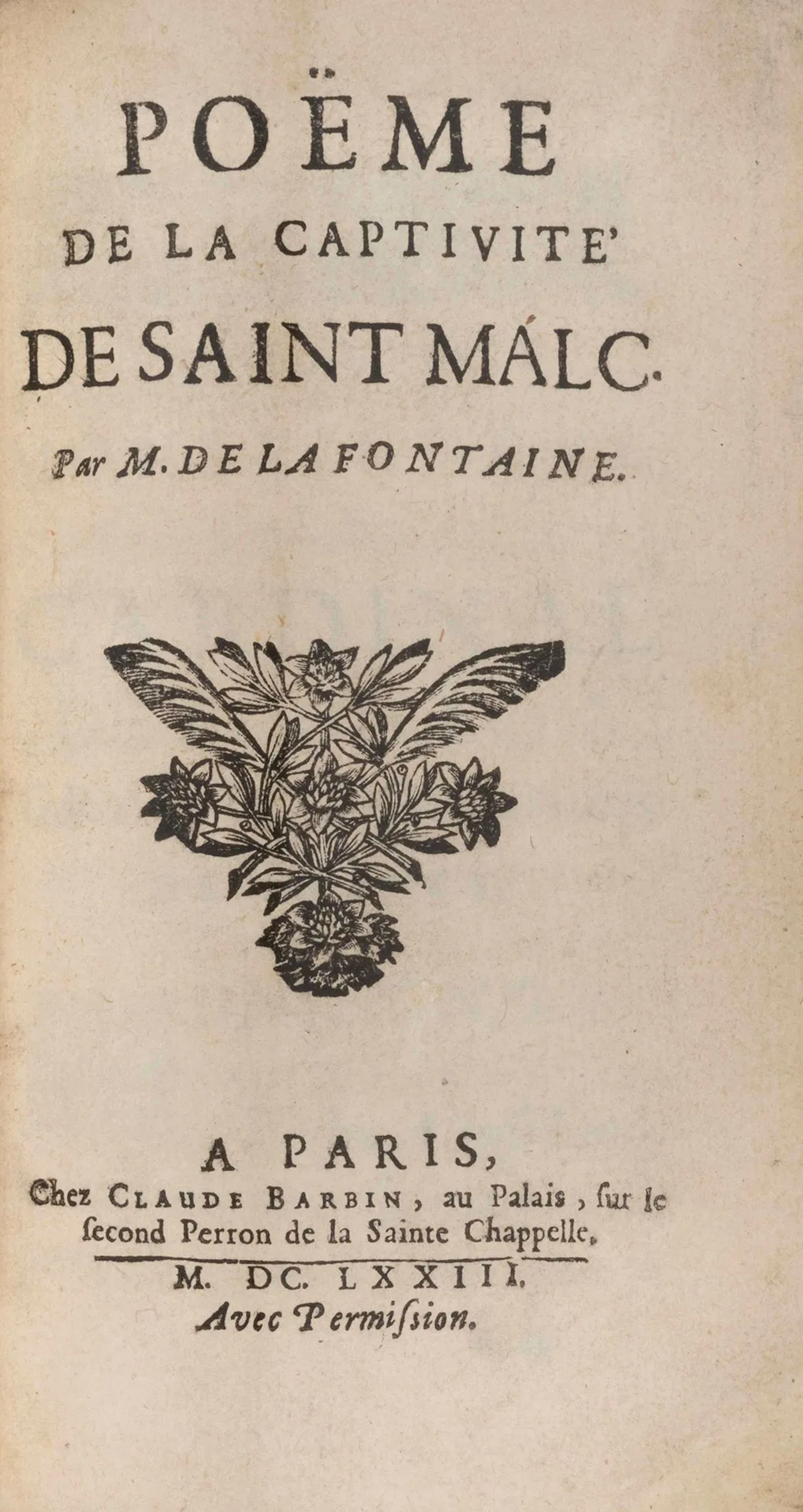 LA FONTAINE (Jean de). Poem on the Captivity of Saint Malc. - Lot 93