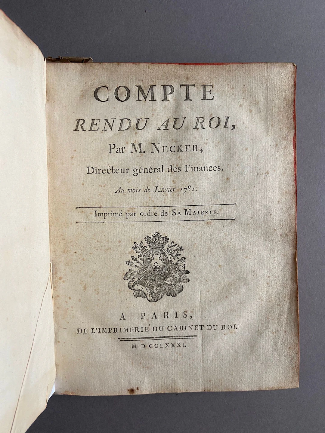 NECKER. Report to the King. January 1781. Paris: Printed by - Lot 125