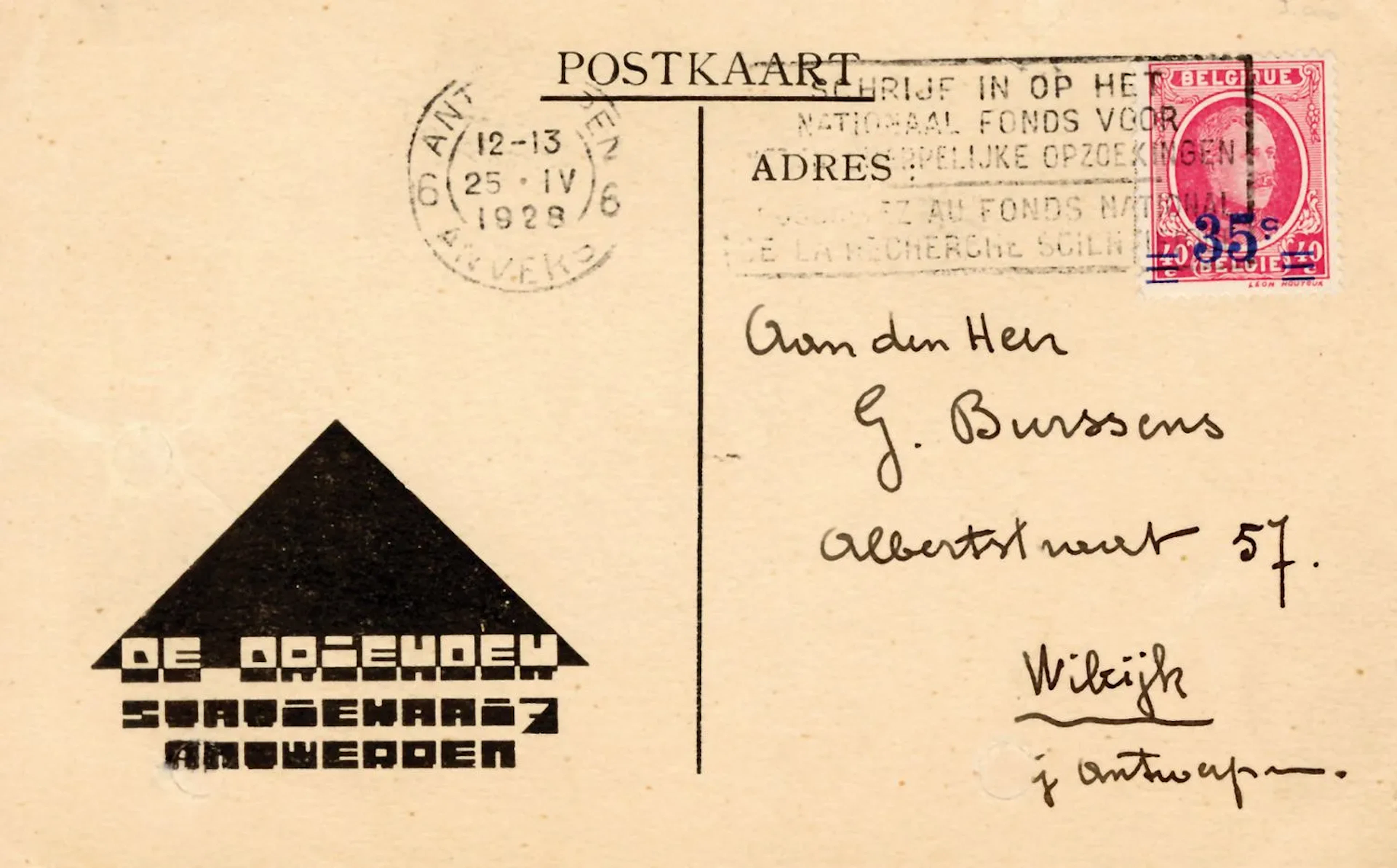 [ADVERTISING CARD FOR DE DRIEHOEK PUBLISHERS]. Antwerp, 1925 - Lot 177