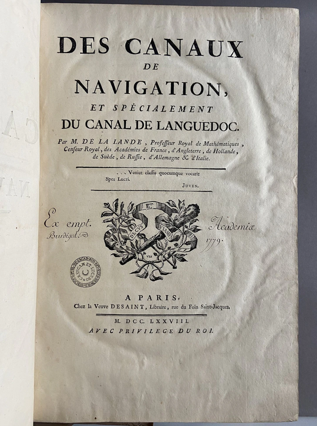 LALANDE (Joseph-Jérôme de). On Navigation Canals, and Especi - Lot 94