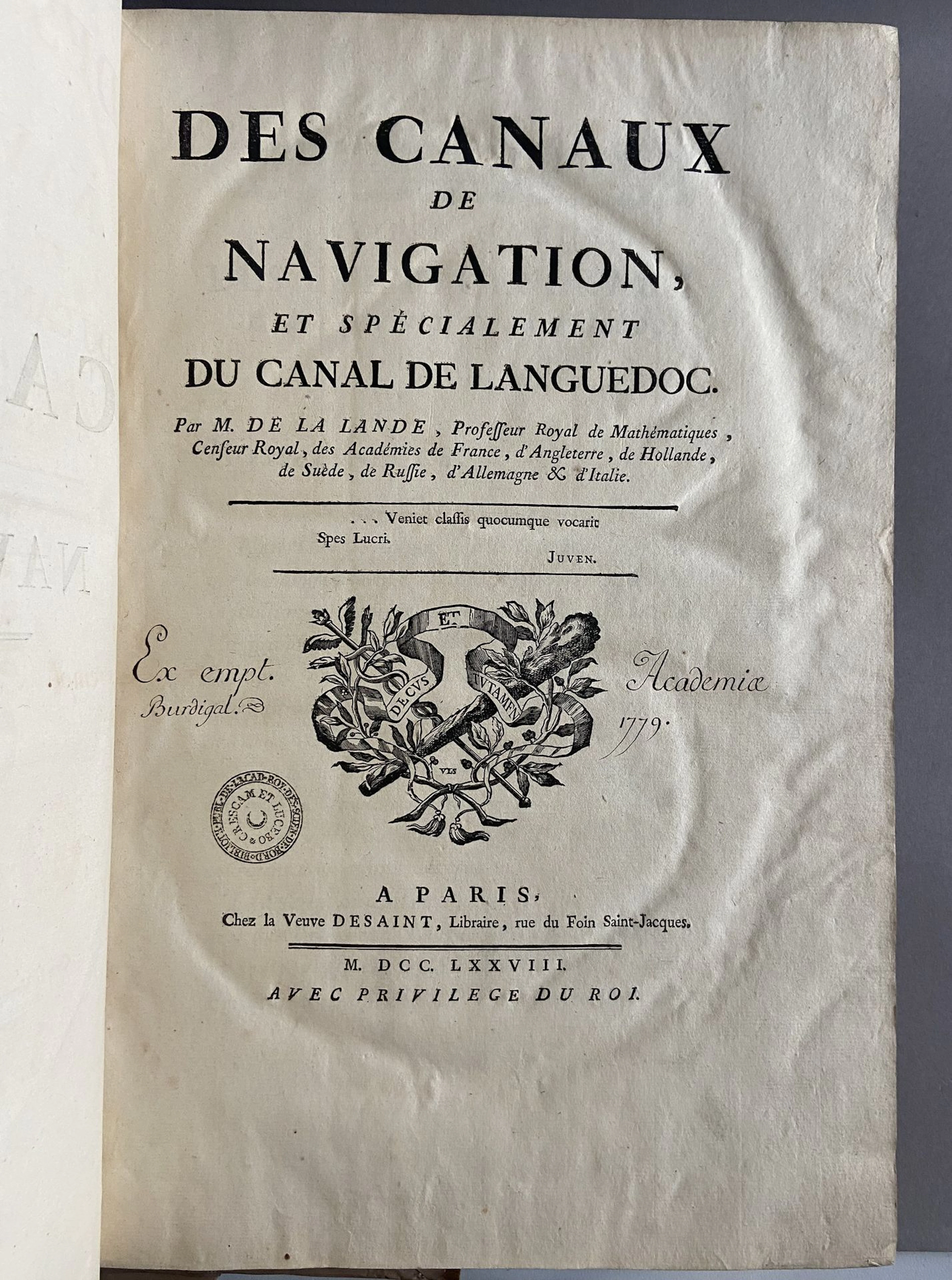 LALANDE (Joseph-Jérôme de). On Navigation Canals, and Especi - Lot 94