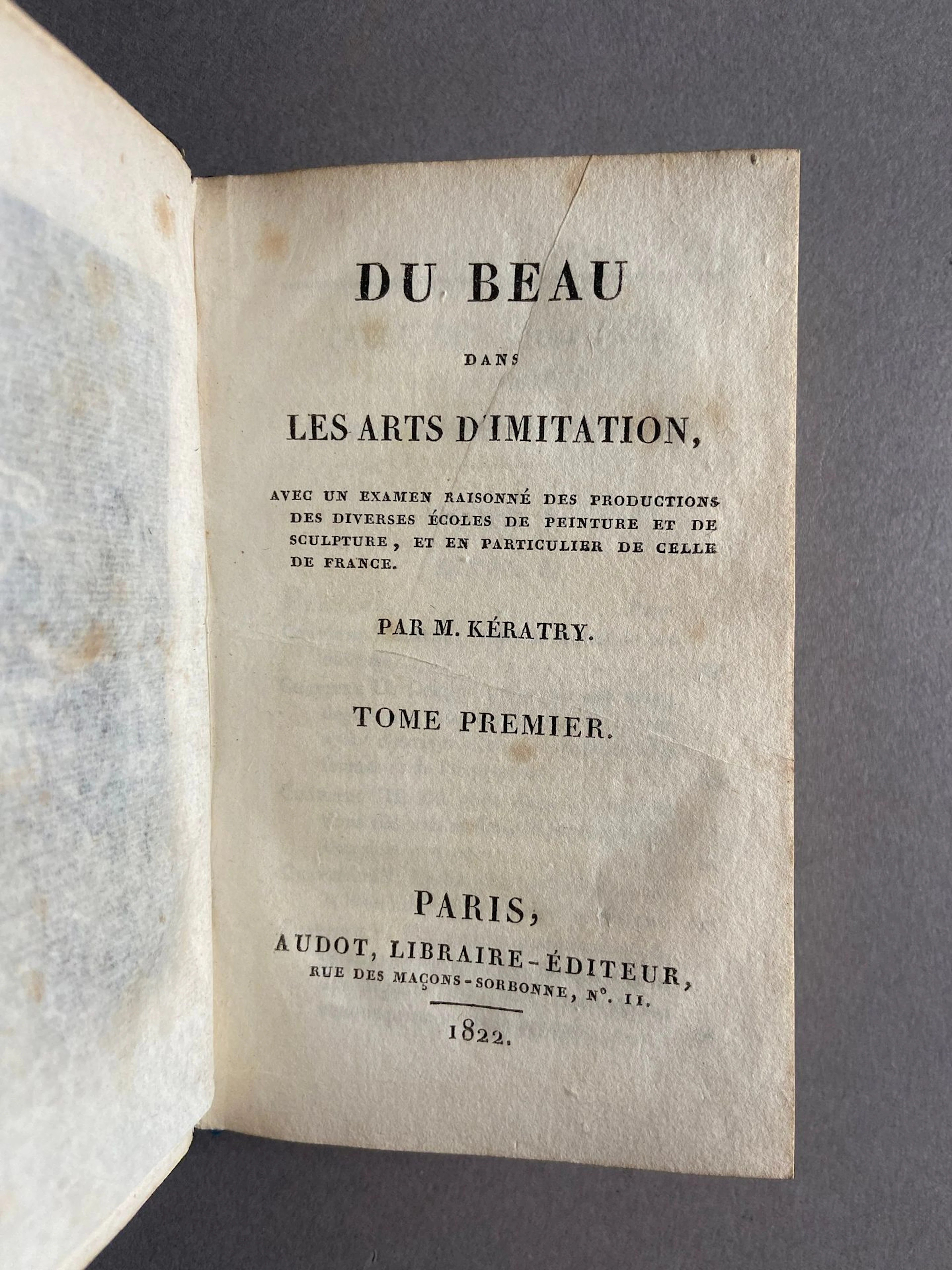 KÉRATRY. On Beauty in the Imitative Arts, with a Reasoned Ex - Lot 85