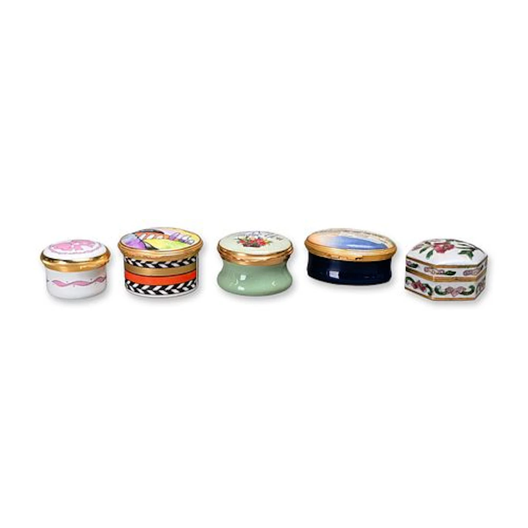 5pc Halcyon Days, Royal Worcester, and More Enamel and Porcelain Pill Boxes