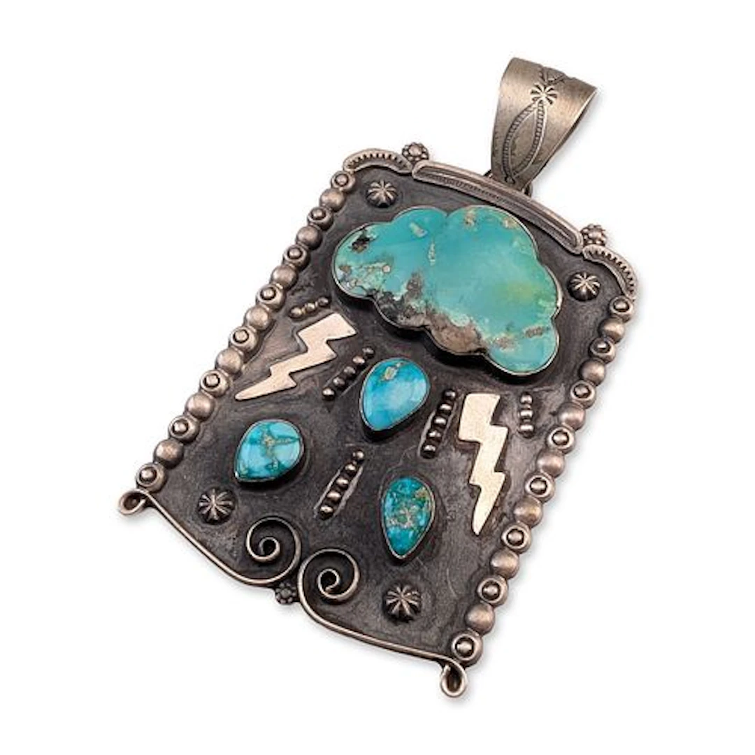 Randall Tom Navajo Sterling Silver Turquoise Pictorial Pendant