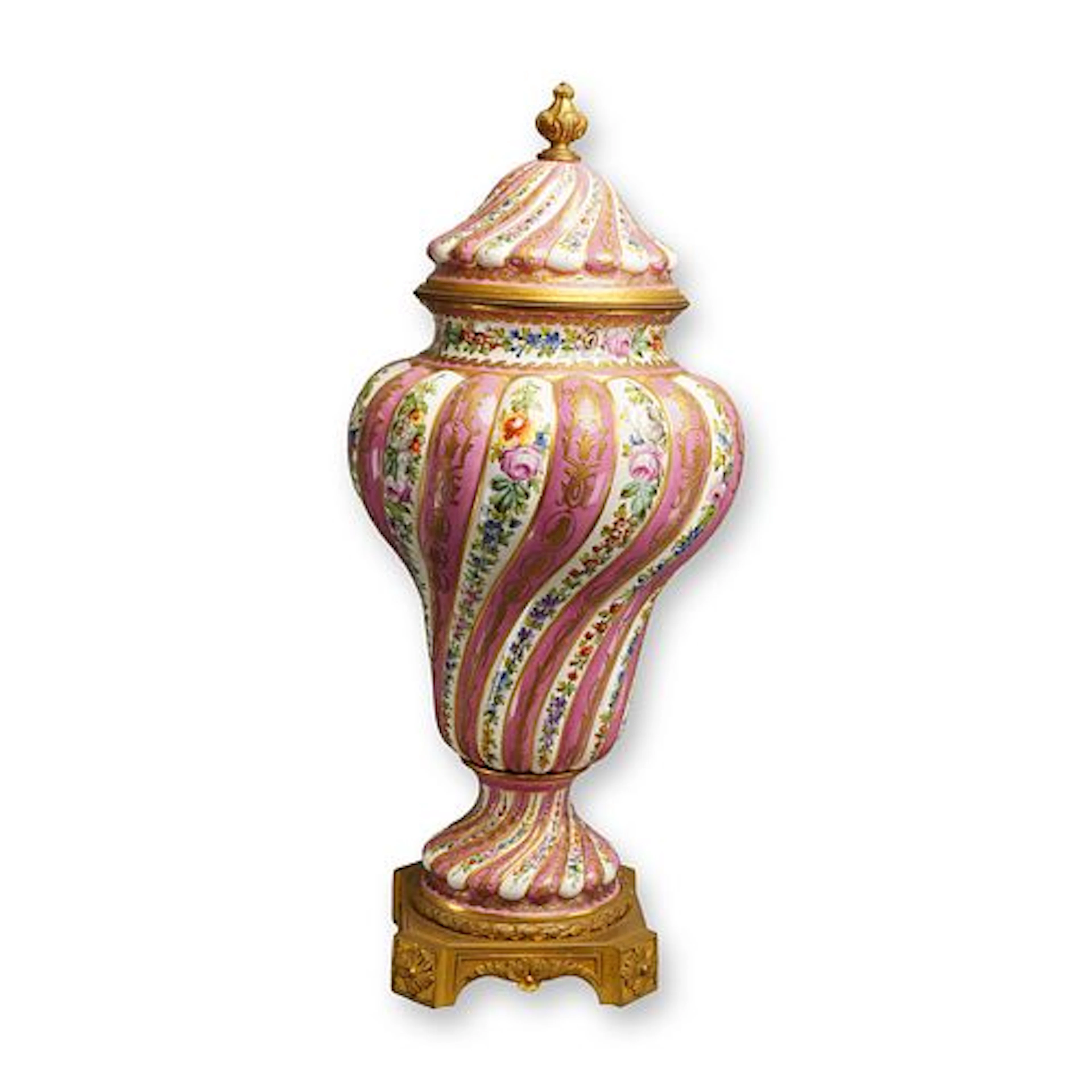 French Late 19th Century Sevres-Style Ormolu-Mounted Pink and White