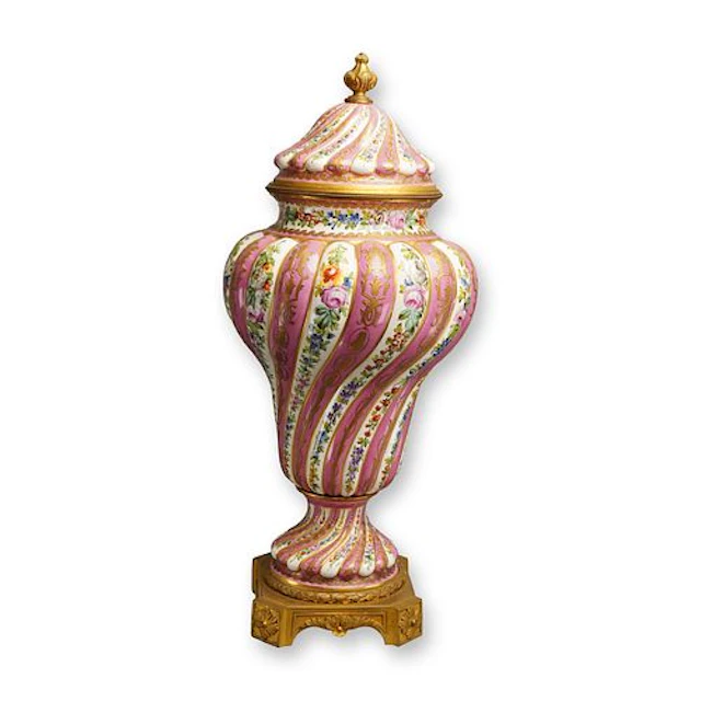 French Late 19th Century Sevres-Style Ormolu-Mounted Pink and White
