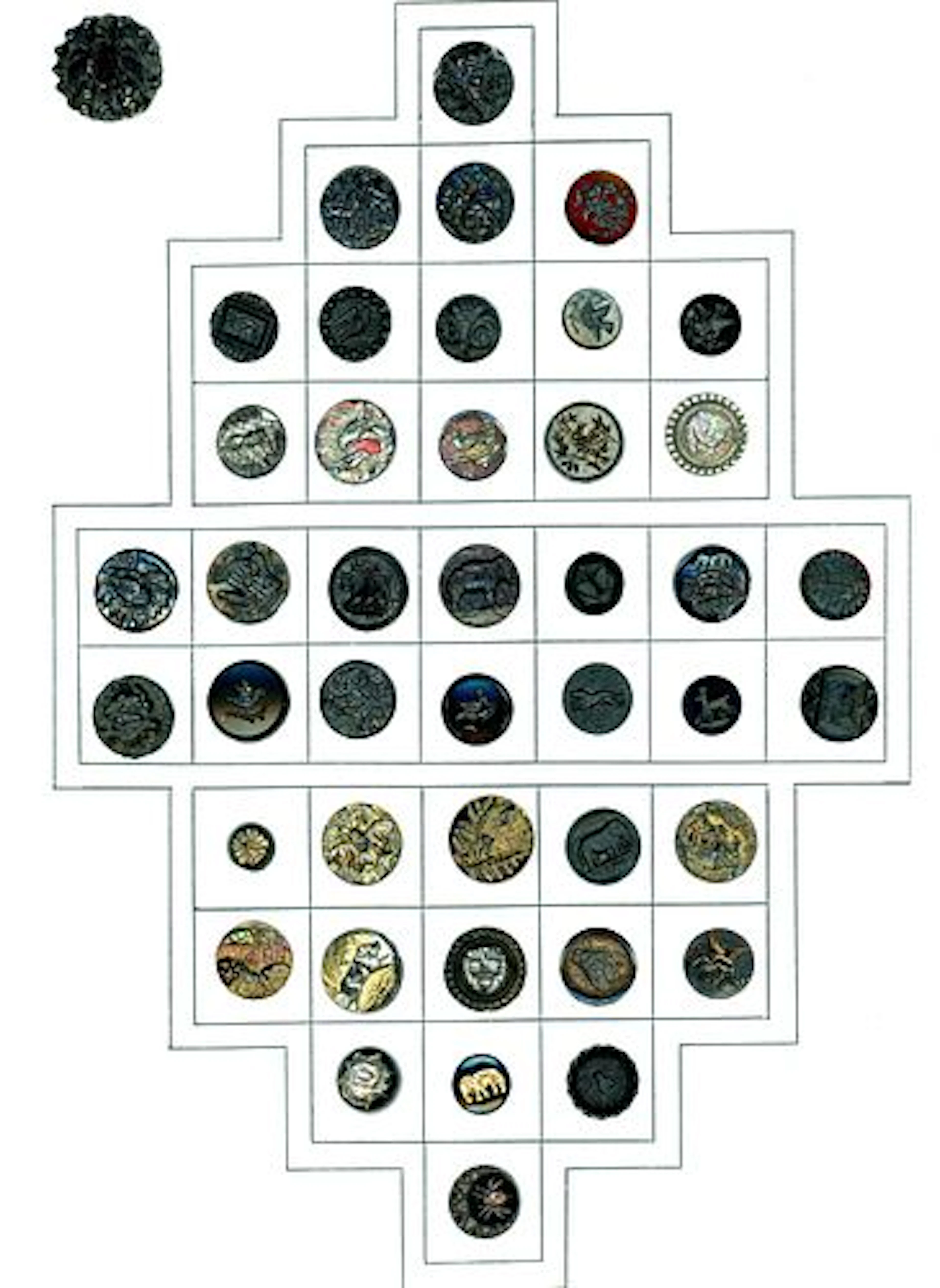 A CARD OF DIVISION ONE BLACK GLASS PICTORIAL BUTTONS