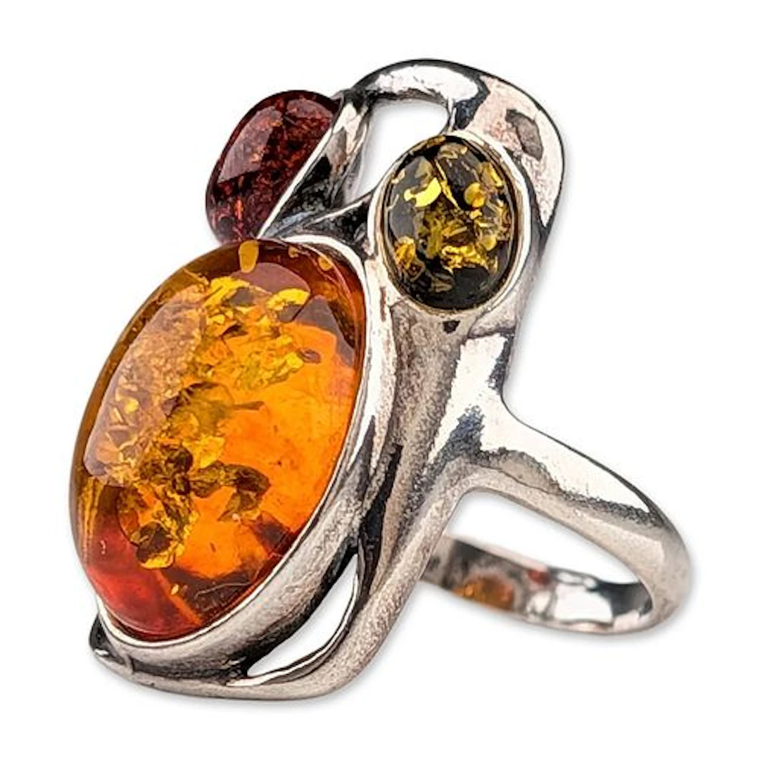 Modernist Sterling Silver and Multi-Color Amber Ring