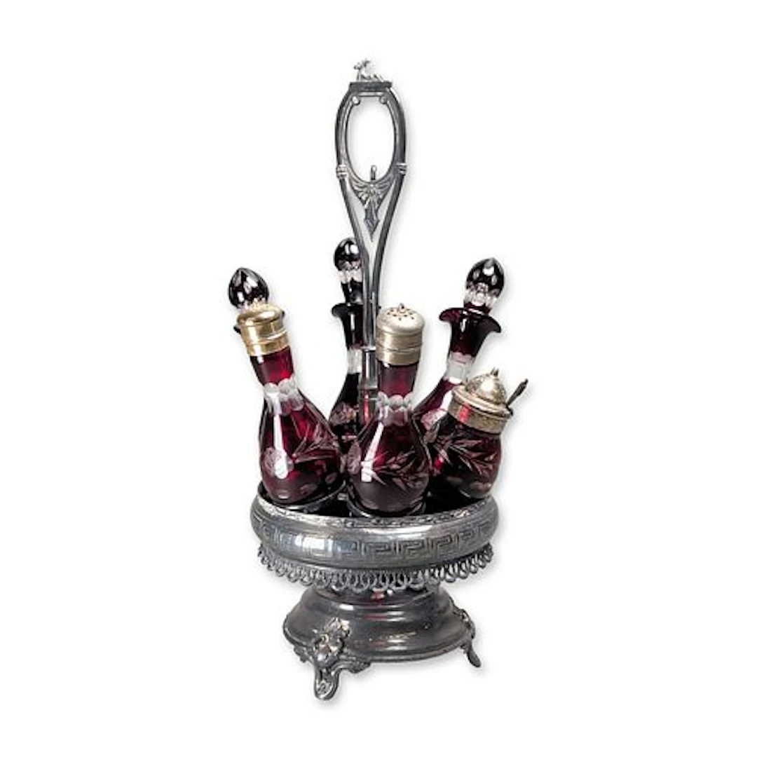 7pc Victorian Silver Plate and Cranberry Cut to Clear Glass Castor Set