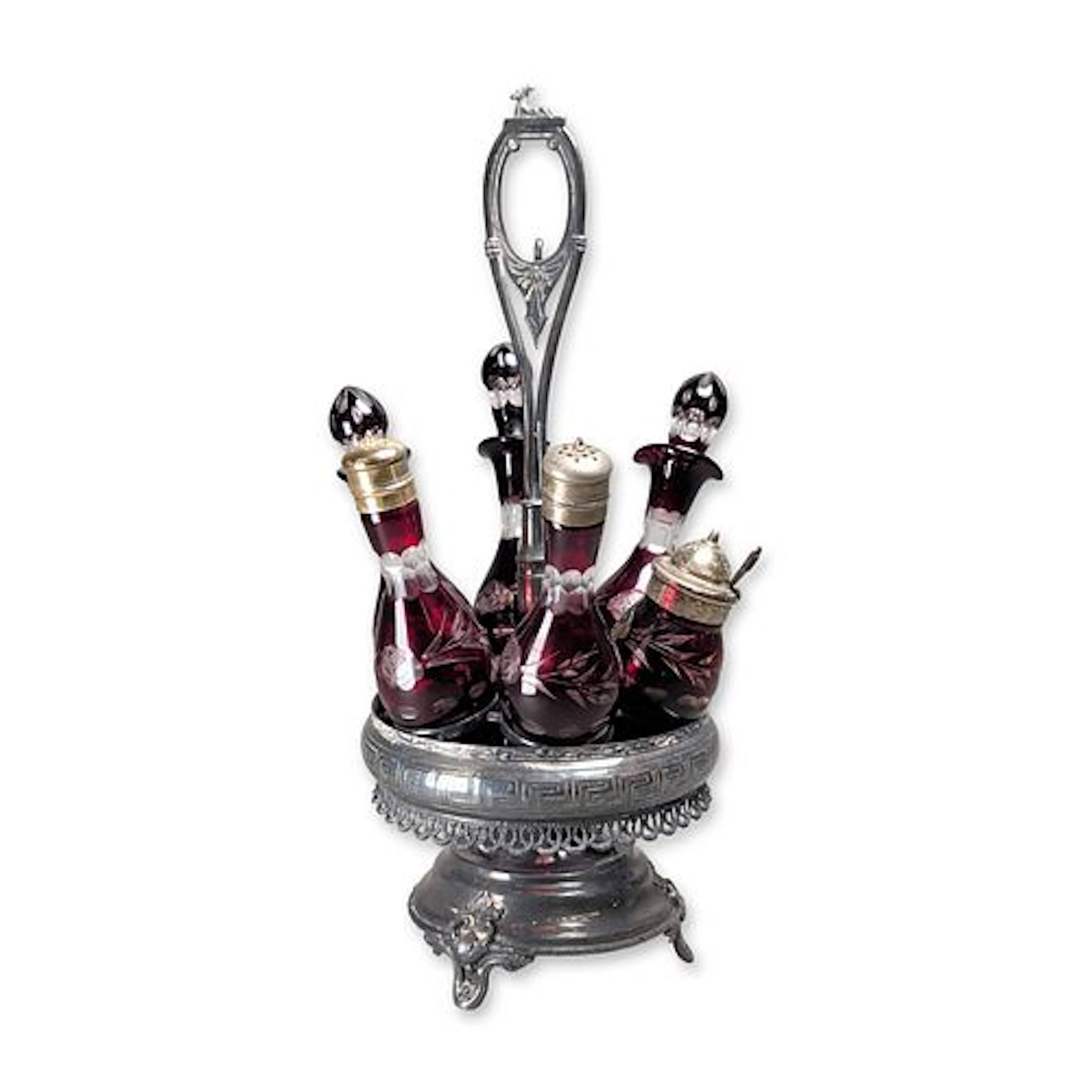 7pc Victorian Silver Plate and Cranberry Cut to Clear Glass Castor Set