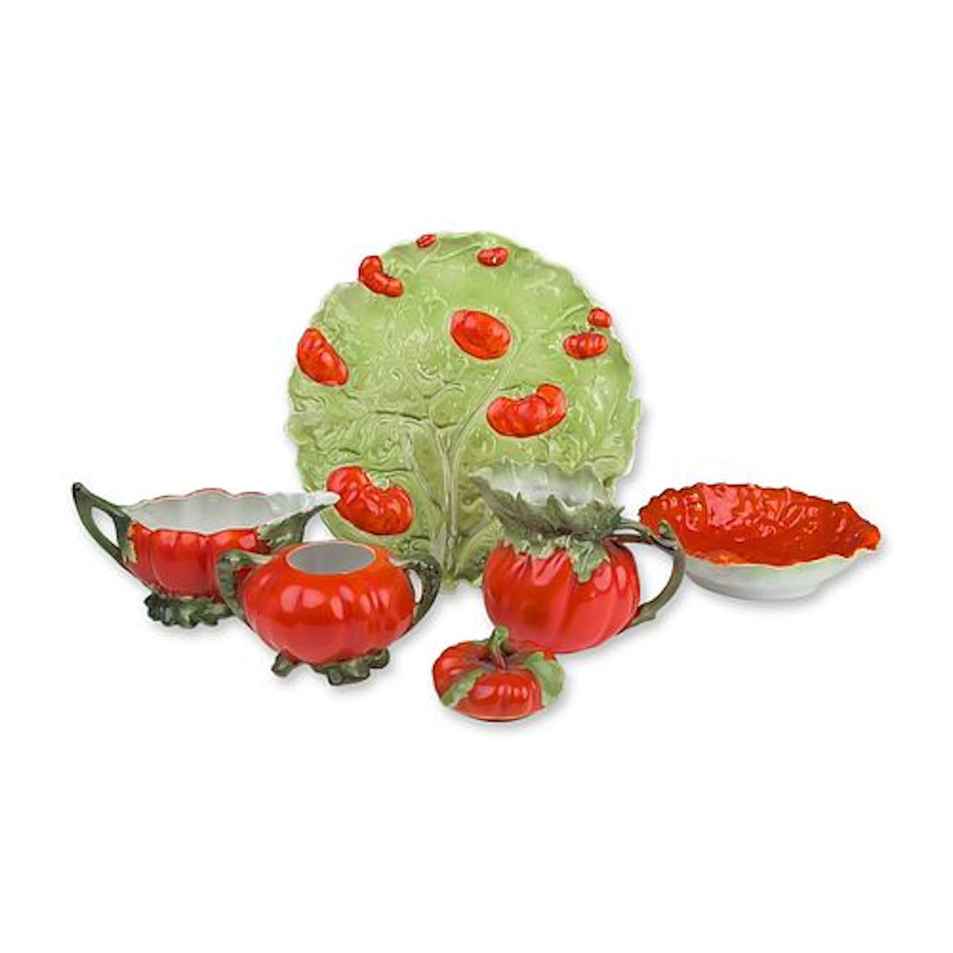 5pc Royal Bayreuth Tomatoware Porcelain Tea Service and Leaf Tray