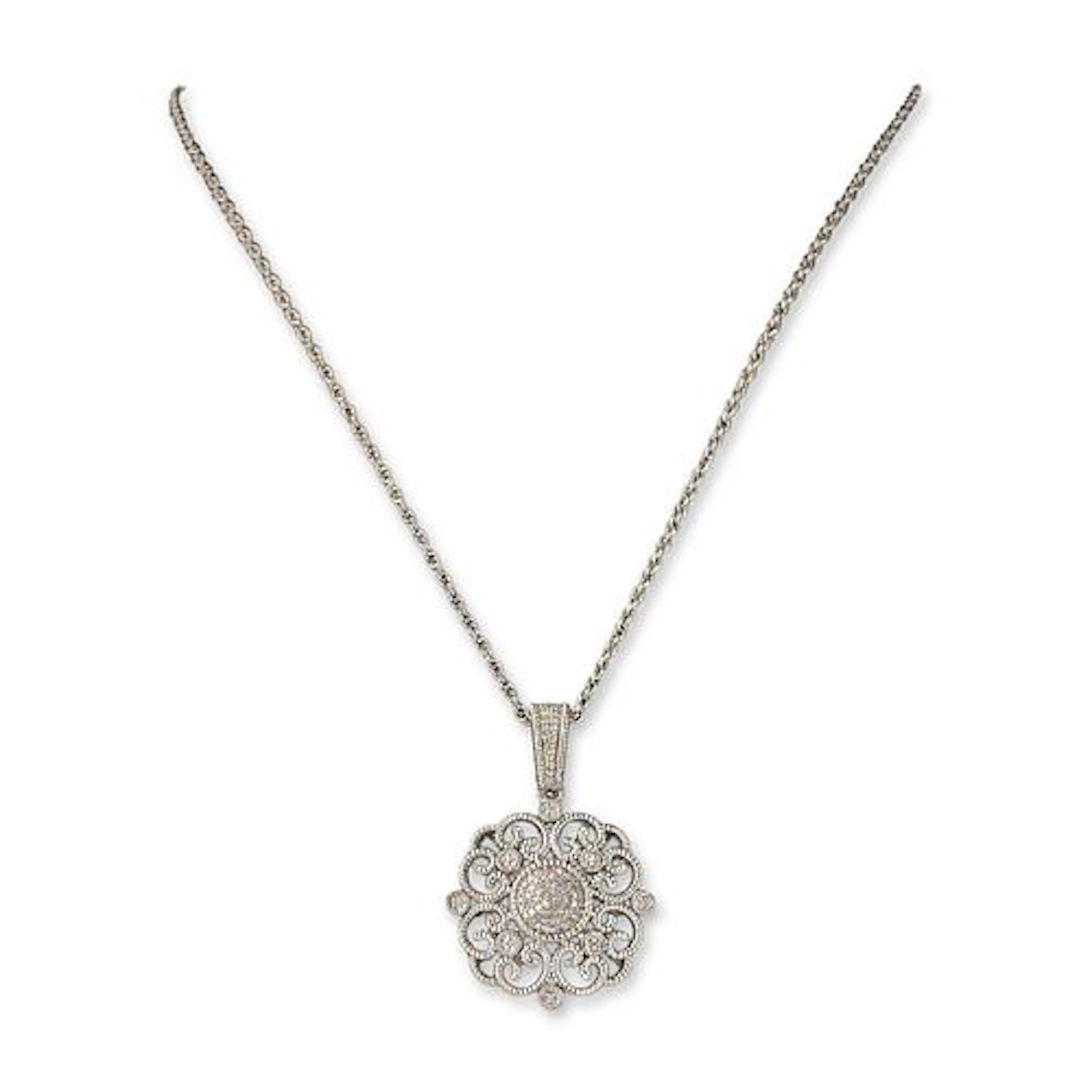 Leslie Greene Sterling Silver Diamond Filigree Pendant Necklace