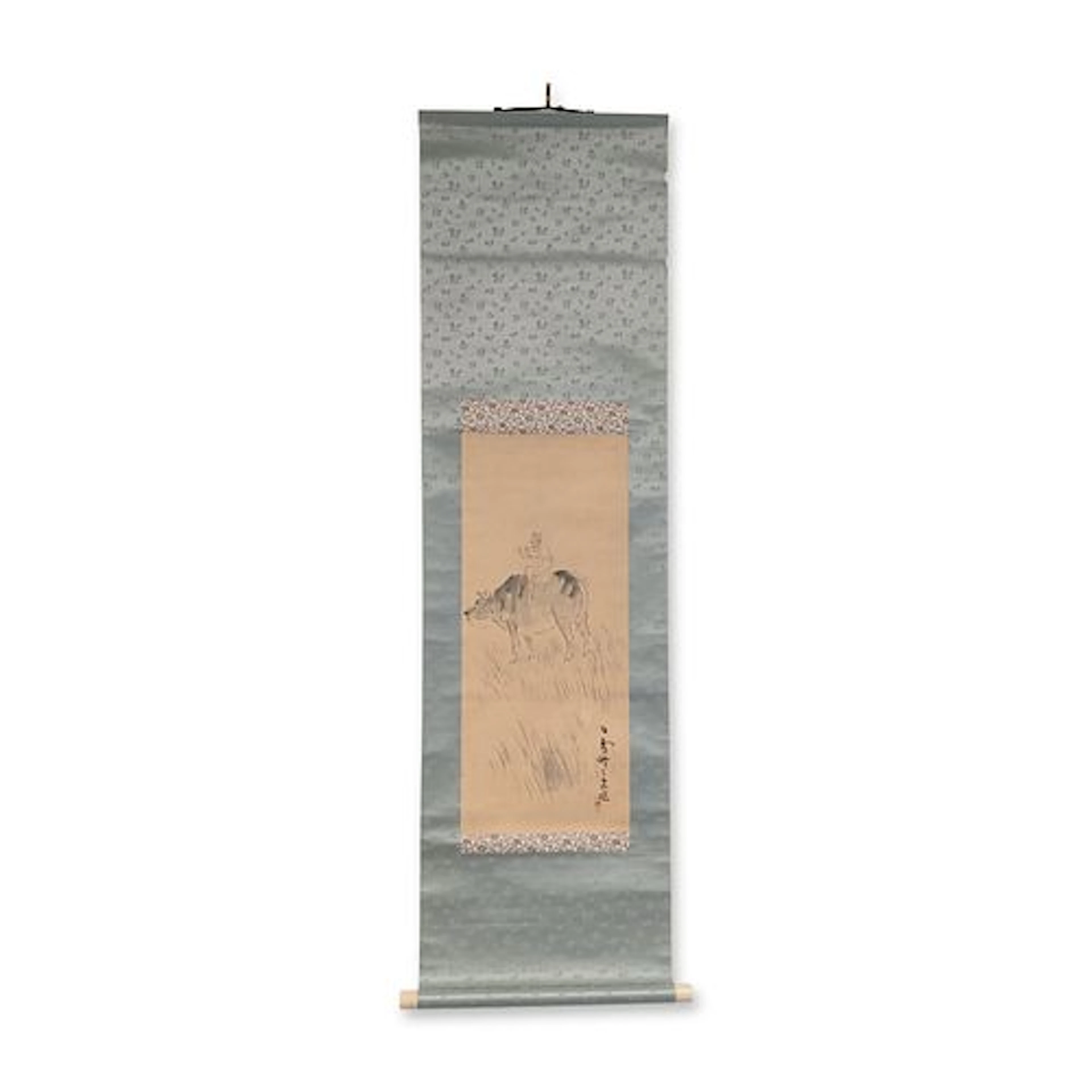 Japanese Ink and Color Washes on Paper Hanging Scroll, Ox-herder w/ Seal