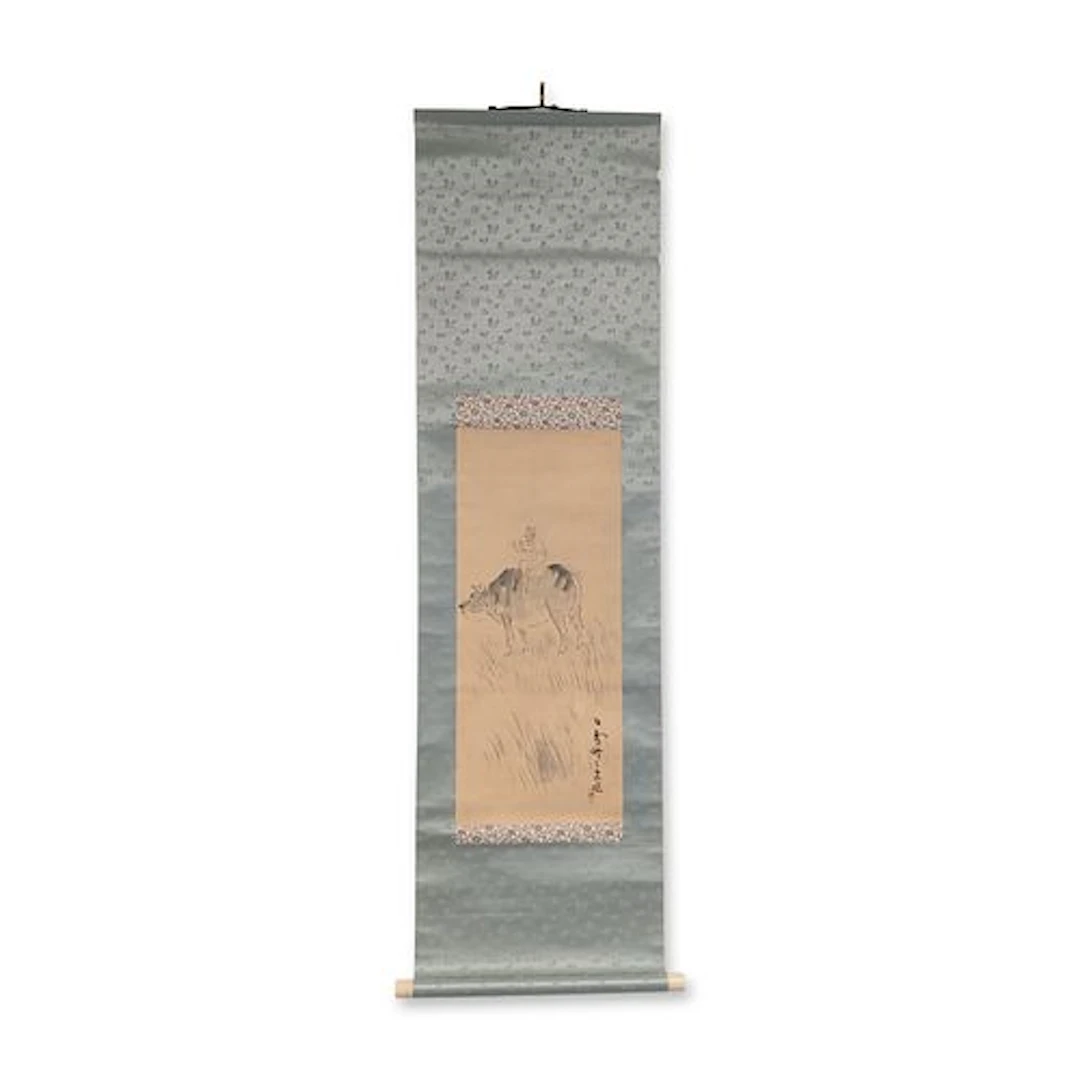 Japanese Ink and Color Washes on Paper Hanging Scroll, Ox-herder w/ Seal