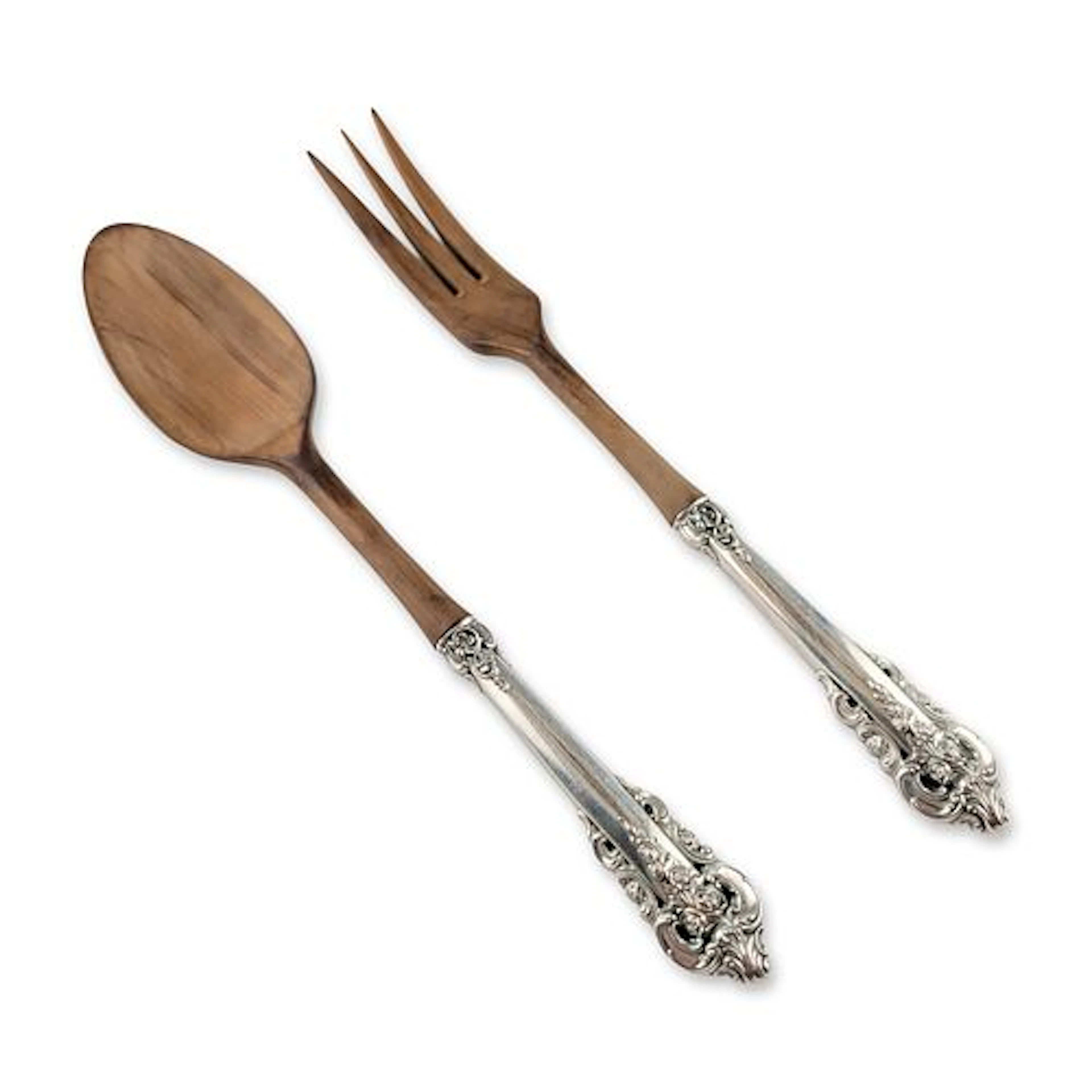 2pc Wallace Grande Baroque Sterling Silver and Wood Salad Servers