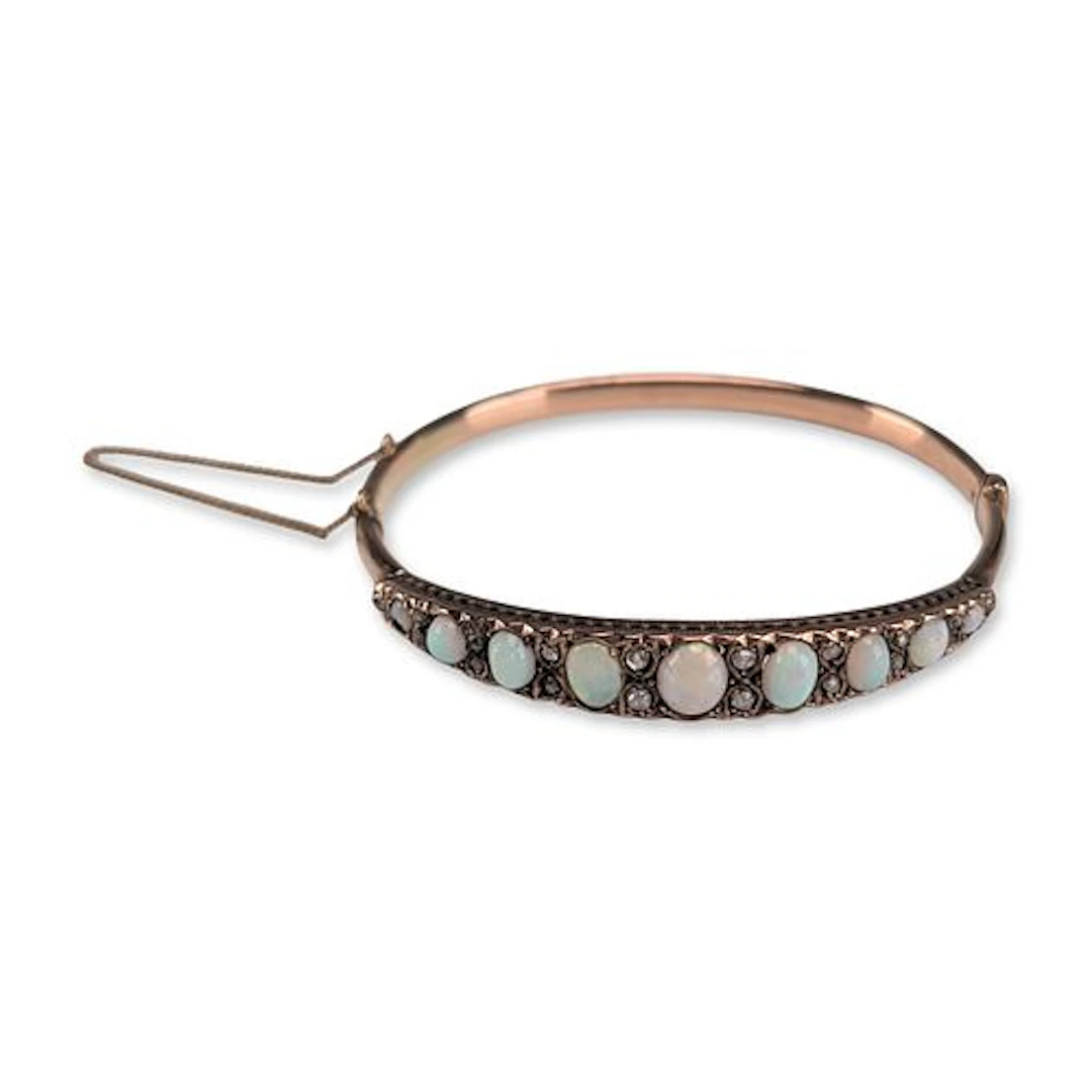 Antique Victorian 10K Rose Gold Opal and Diamond Bangle Bracelet