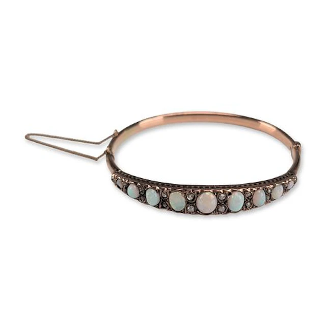 Antique Victorian 10K Rose Gold Opal and Diamond Bangle Bracelet