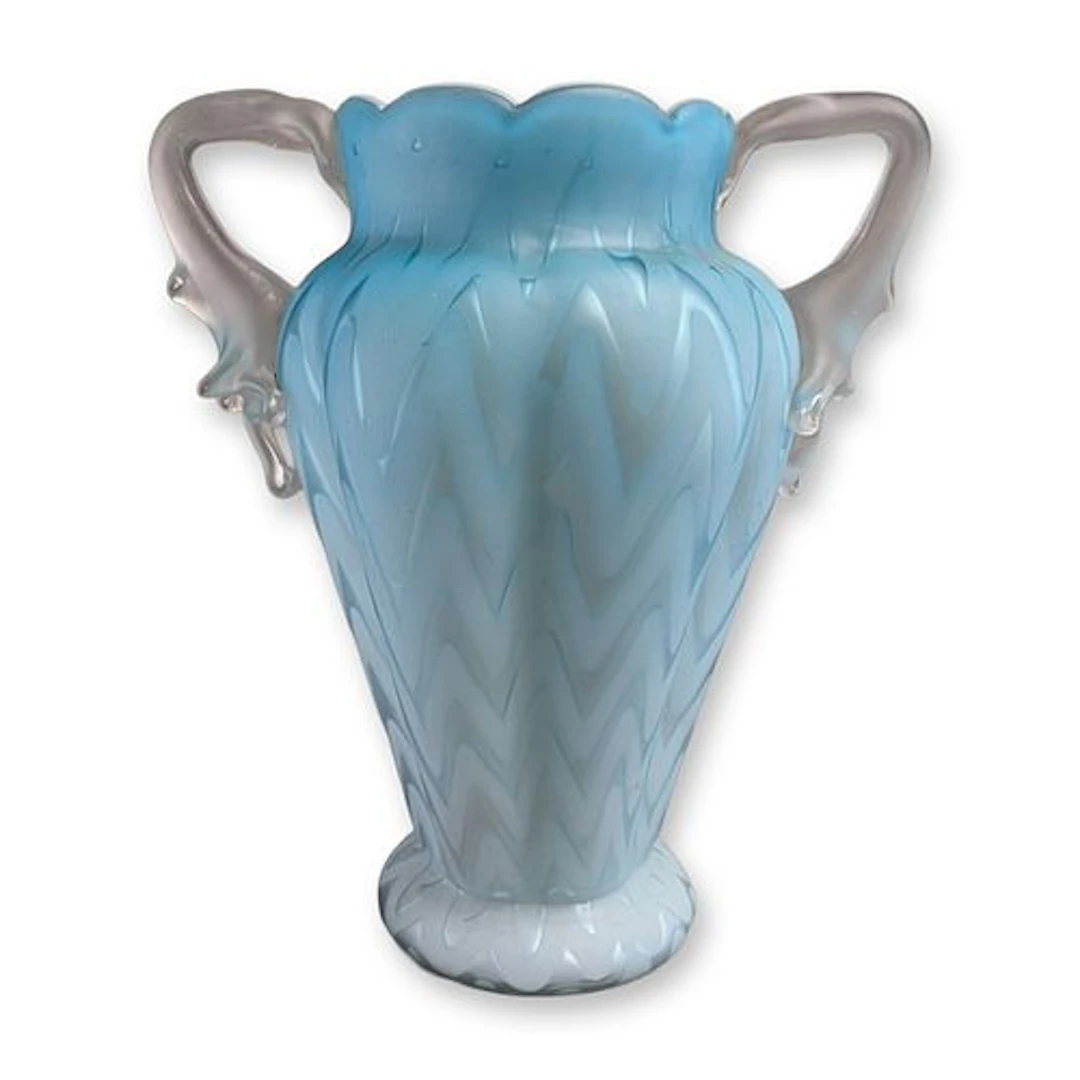 Victorian Blue Herringbone Mother of Pearl Satin Glass Vase with Handles