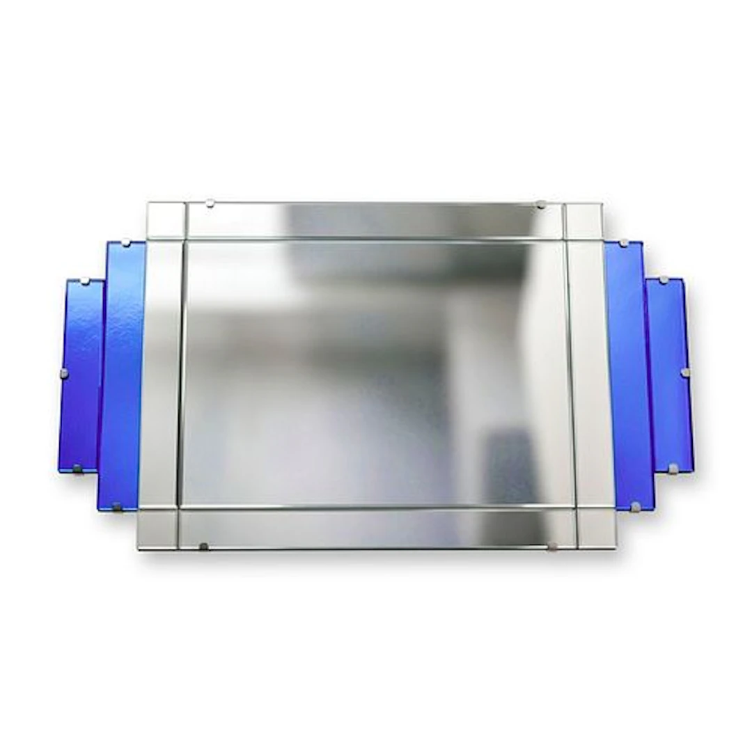 Modern Art Deco Stepped Cobalt Blue Glass Side Accented Mirror