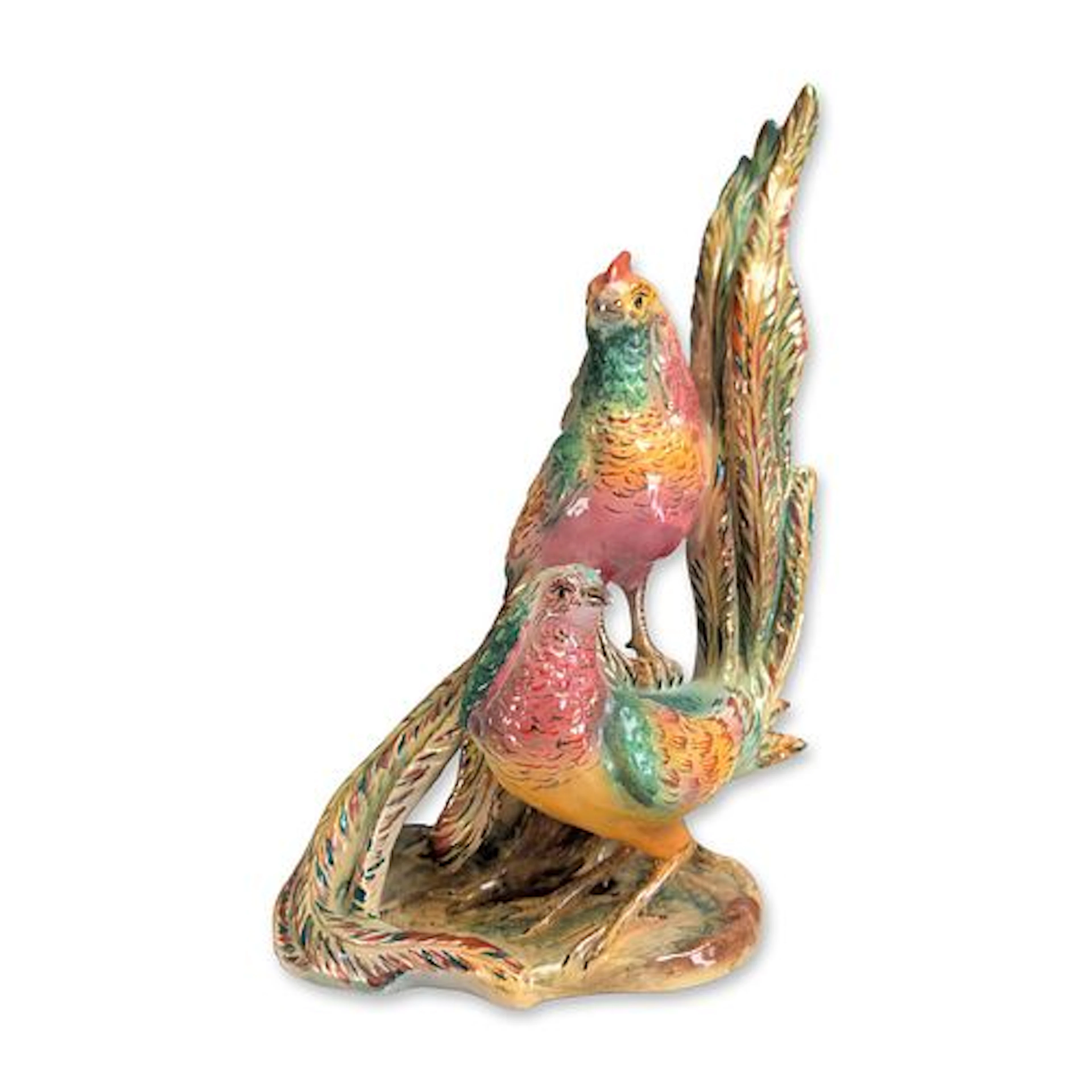 Mid-Century Italian Hand-Painted Polychrome Glazed Ceramic Pheasants Sculpture
