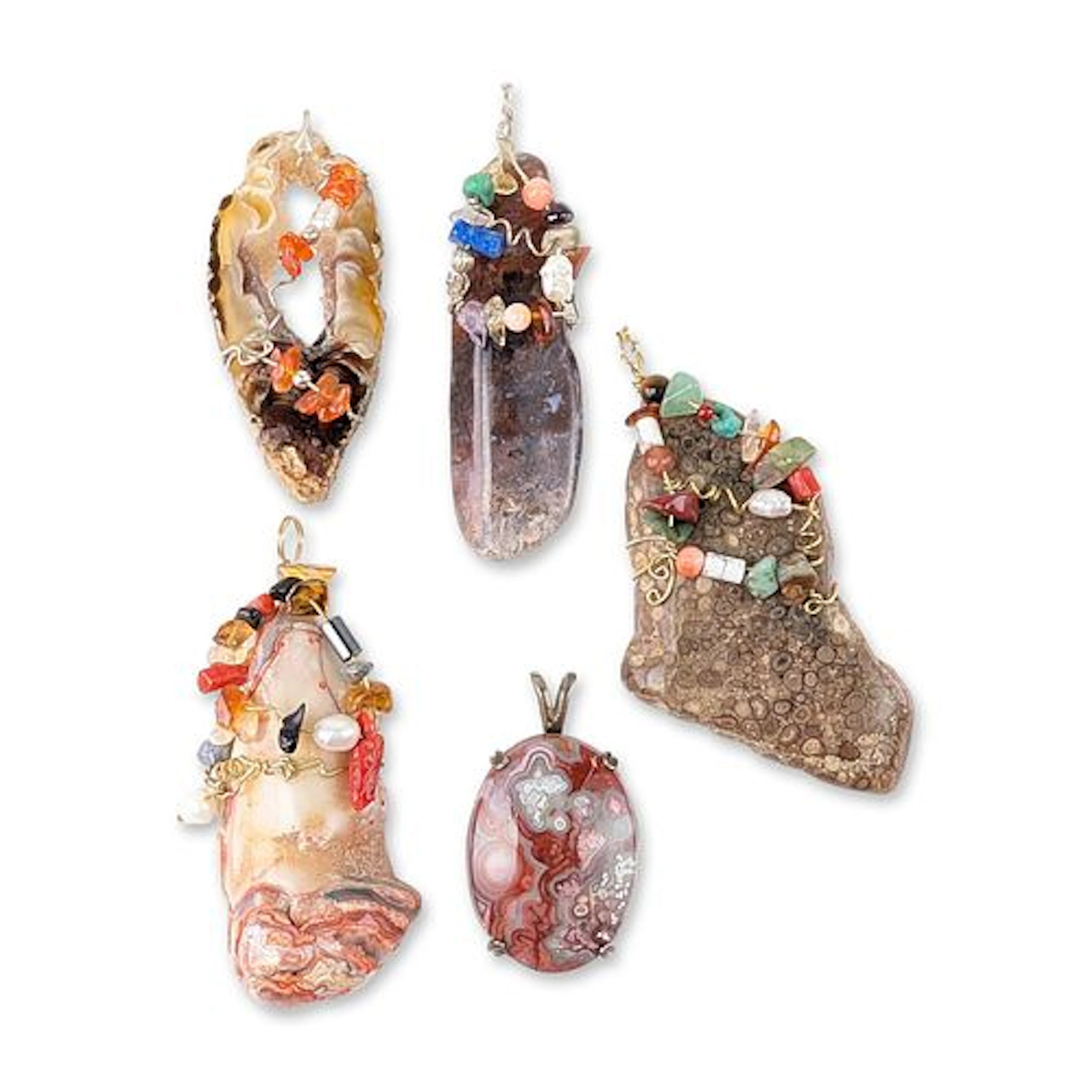 5pc Semi-Precious Stone and Wire Wrapped Pendants