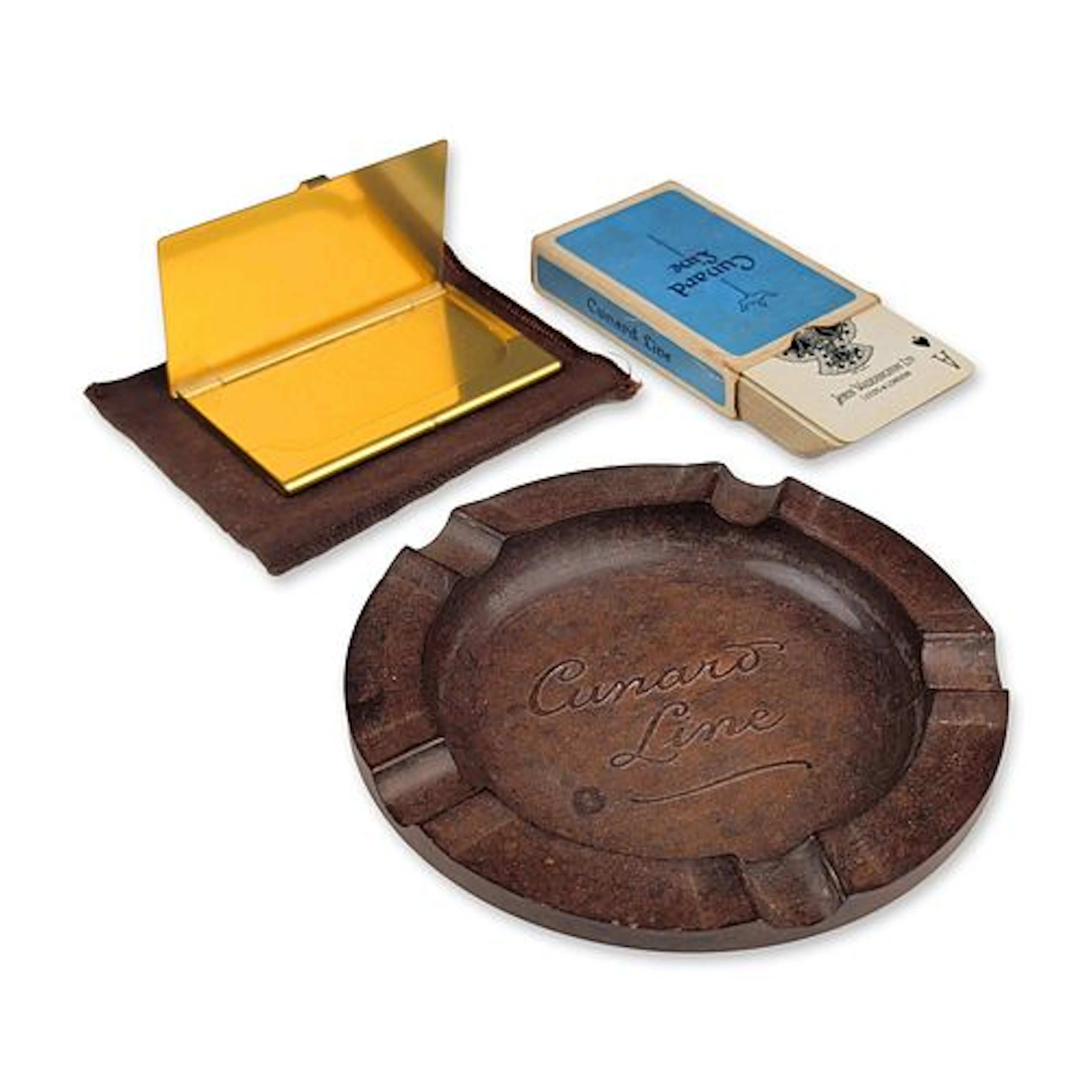 3pc Cunard Line Memorabilia Ashtray, Playing Cards, and Card Holder