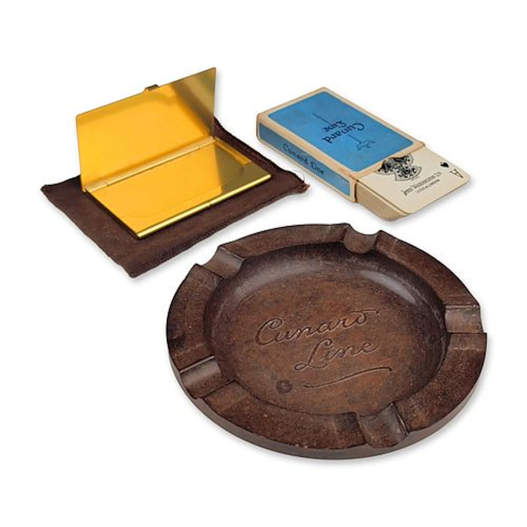 3pc Cunard Line Memorabilia Ashtray, Playing Cards, and Card Holder