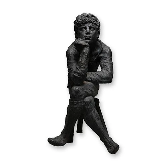 American Cast Bronze Figure of a Boy Seated on a Stool, Signed