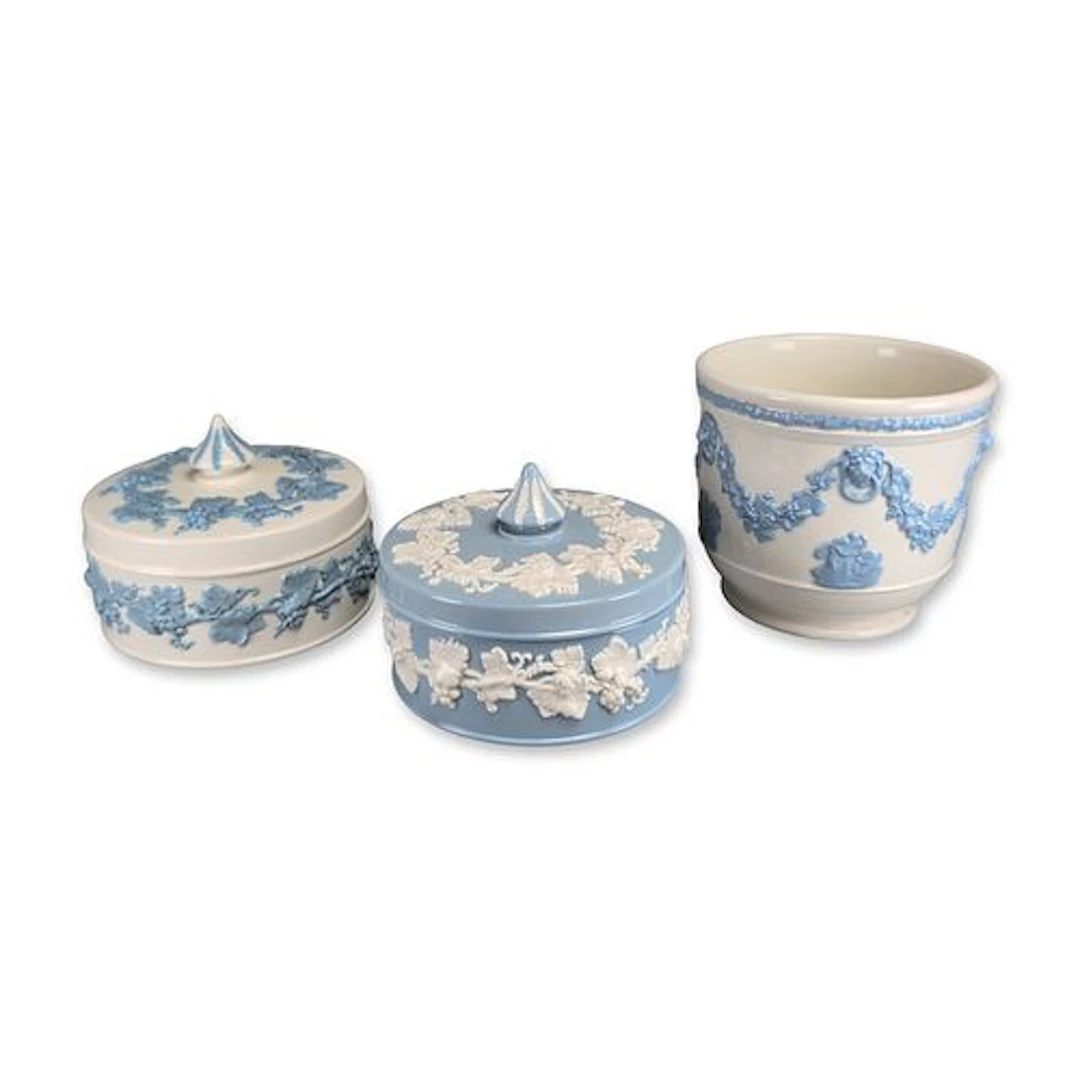 6pc Wedgwood Embossed Queen's Ware Ceramic Lidded Boxes and Planter Group
