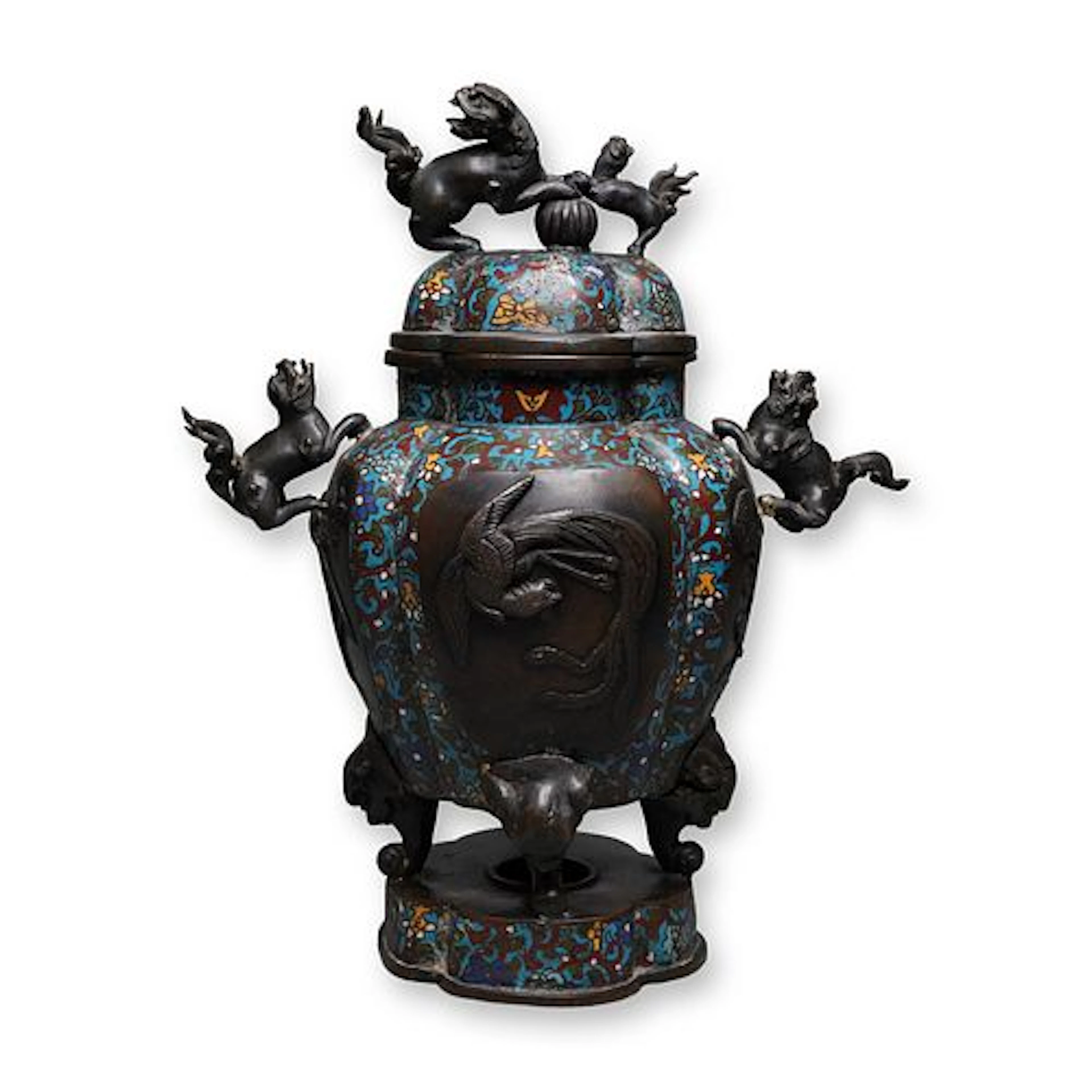 Japanese Champleve Enamel Lions, Elephants, and Phoenixes Motif Censer