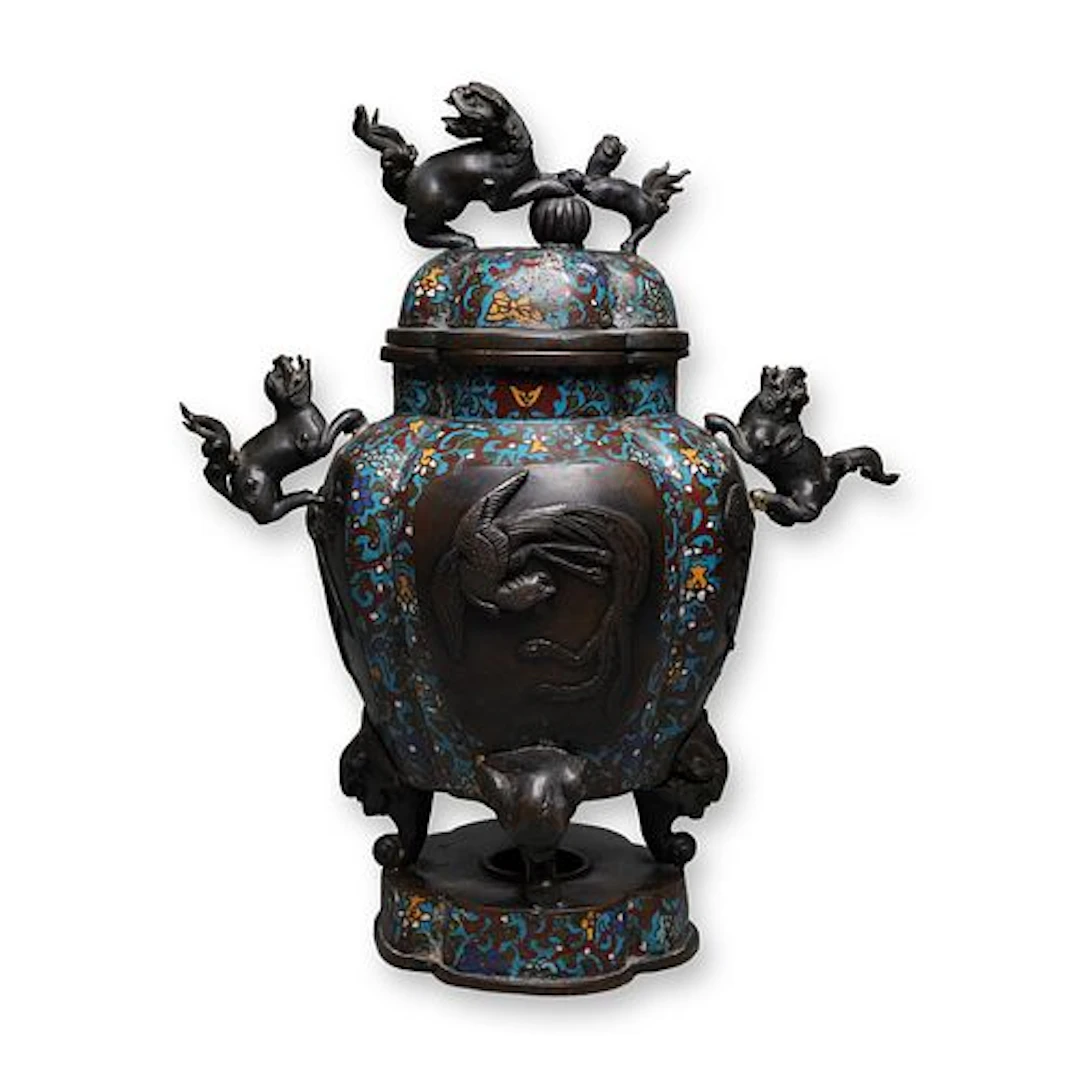 Japanese Champleve Enamel Lions, Elephants, and Phoenixes Motif Censer